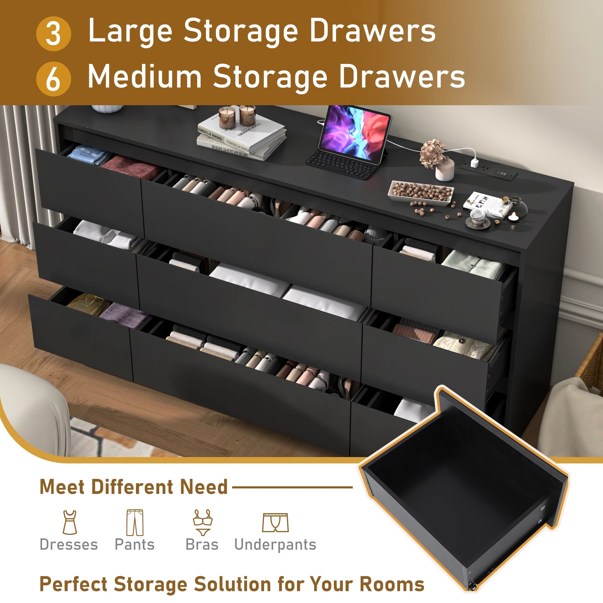 9 Drawer Dresser for Bedroom, 63" Modern Large Wood Chest of Drawers with Charging Station Handle Free, Storage Organizer Closet