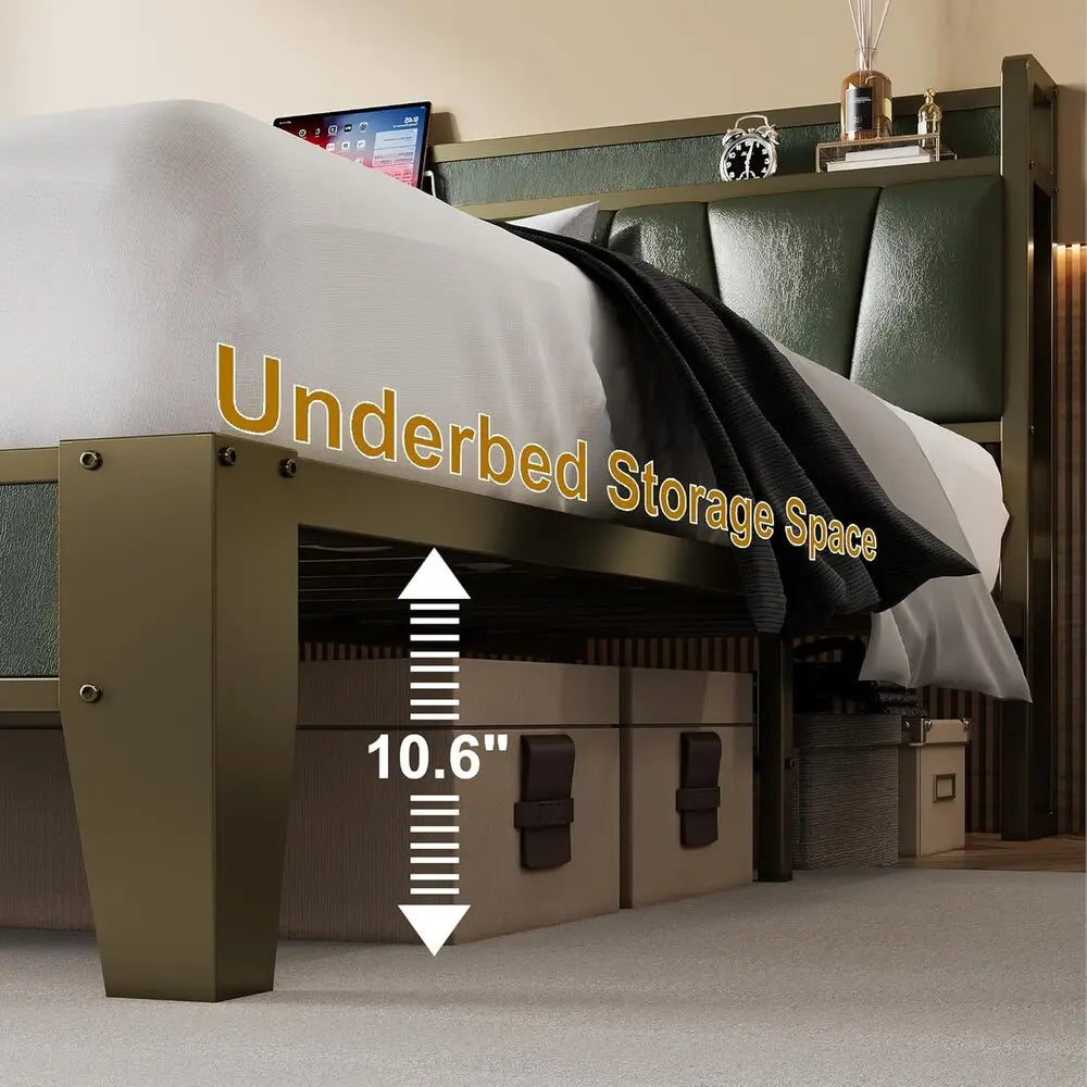 Bed Frame with Storage Headboard & Charging Station – Twin / Queen