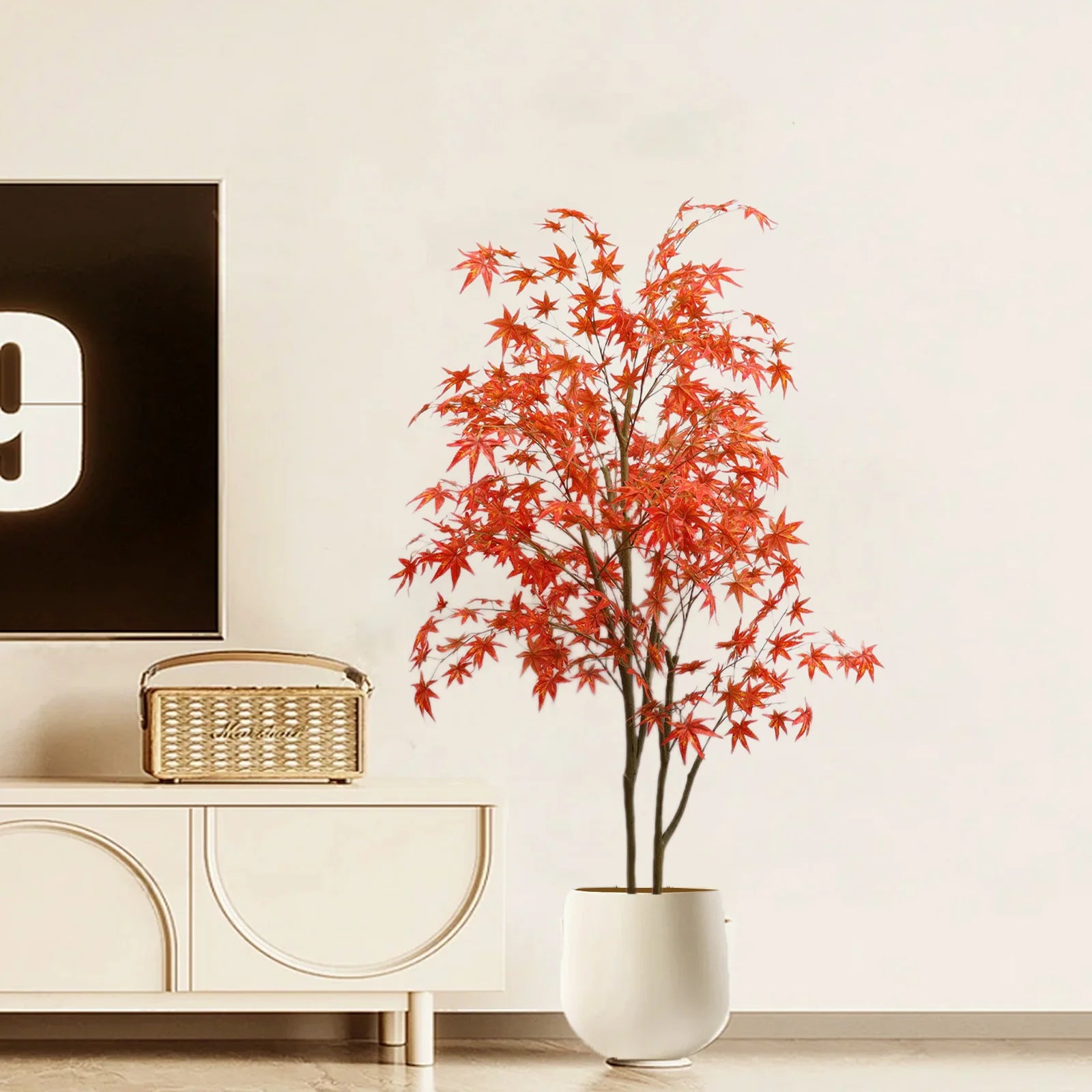 Autumn Maple Artificial Fall Tree In Plastic Pot, 120cm/150cm/180cm Faux Silk Leaves Red Maple Tree For Party Home Decoration