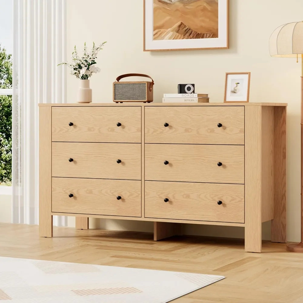 Natural Oak 6 Drawer Dresser for Bedroom, Modern Wide Dresser Organizer with Storage Drawers, Wooden Chests of Drawer