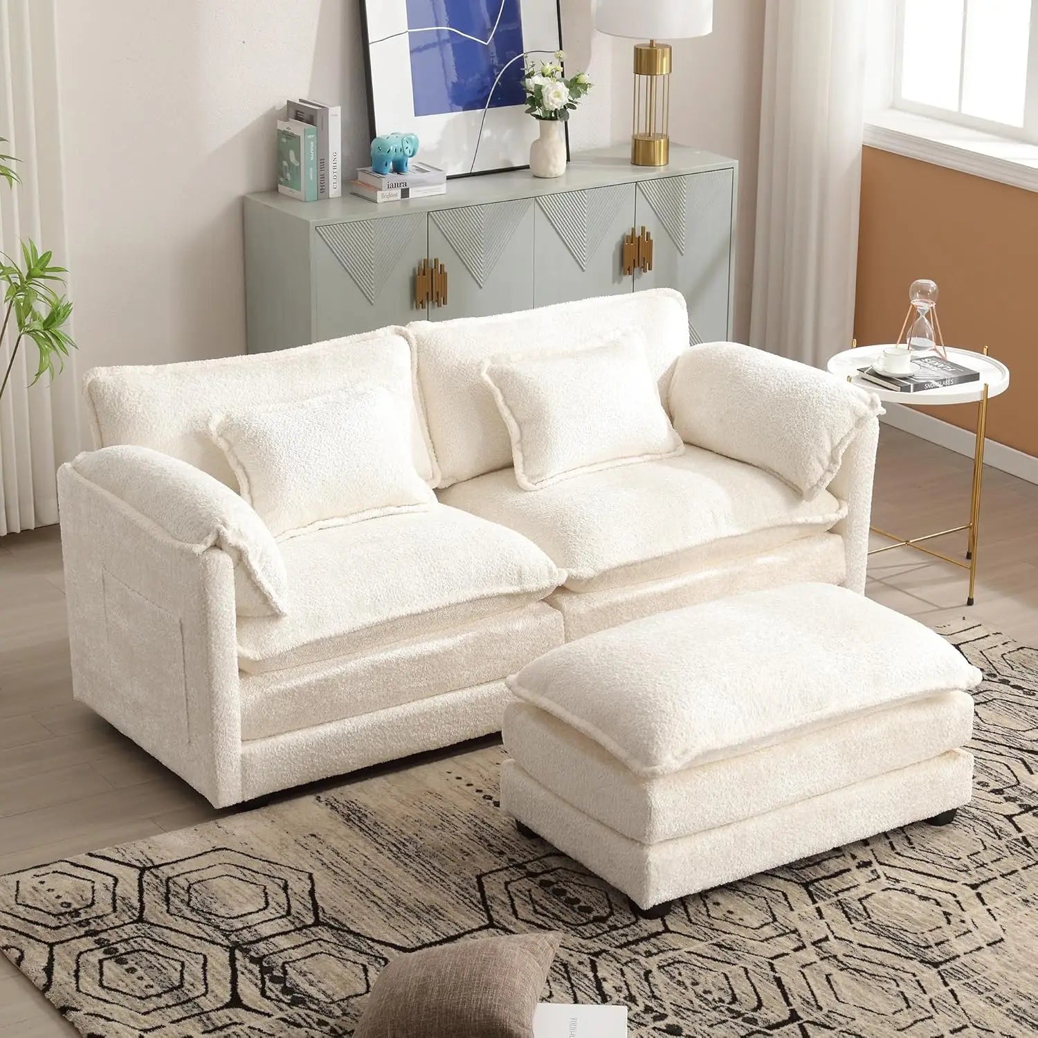 Sectional Modular Cloud Sofa Couch, 76.77" Chenille Comfy Upholstered L-Shape Sofa with Re-moveable Ottoman and 2 Pillows