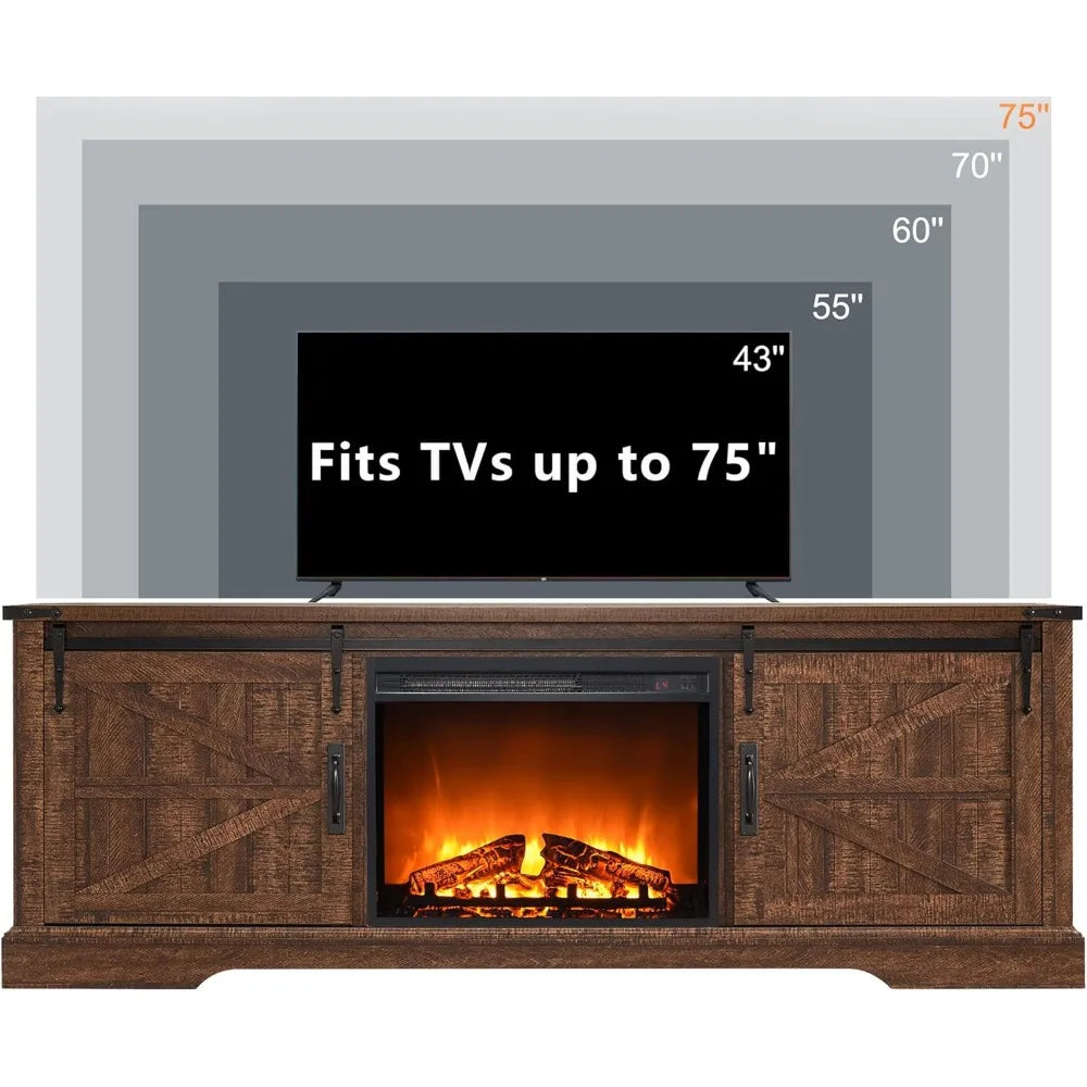 Fireplace TV Stand for 70 75 Inch TV, 66 Inch Farmhouse Entertainment Center with 23" Electric Fireplace, Remote Control, Large