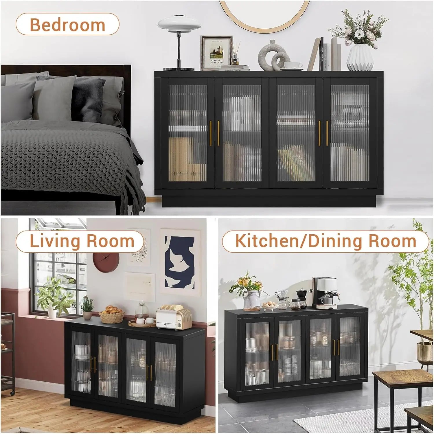 Buffet Cabinet with Storage 55.1" Large Wood Cabinet with 4 Fluted Glass Doors Black Modern Storage Cabinets for Dinning Room