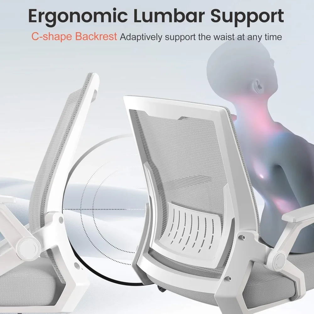 Ergonomic Office Chair with Flip-up Armrests, Breathable Mesh Back, Lumbar Support, Wide Gray Seat for Home and Gaming
