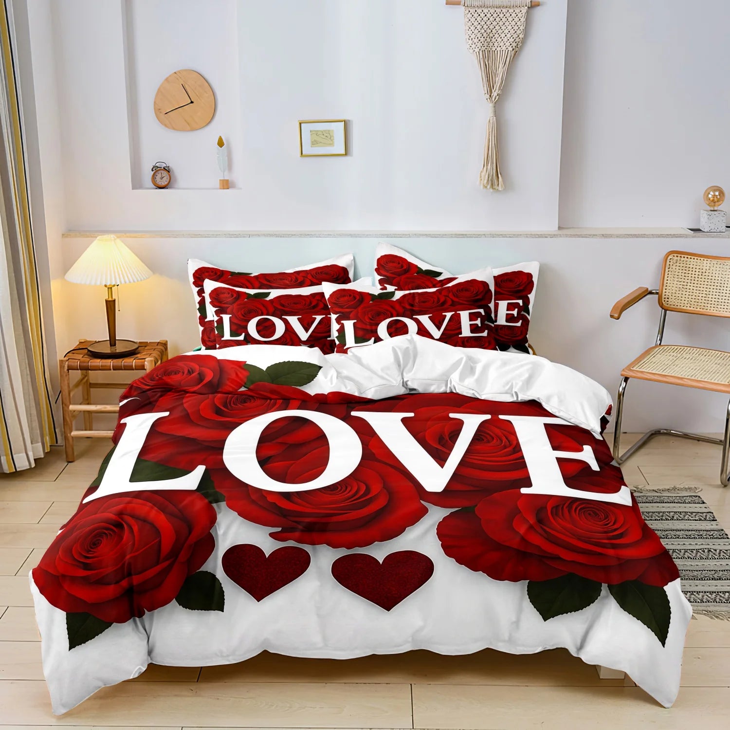 3pcs Valentine'S Day Romantic Rose Love Letter Pattern Duvet Cover Set, Bedding Set, Soft And Comfortable Duvet Cover Bedroom