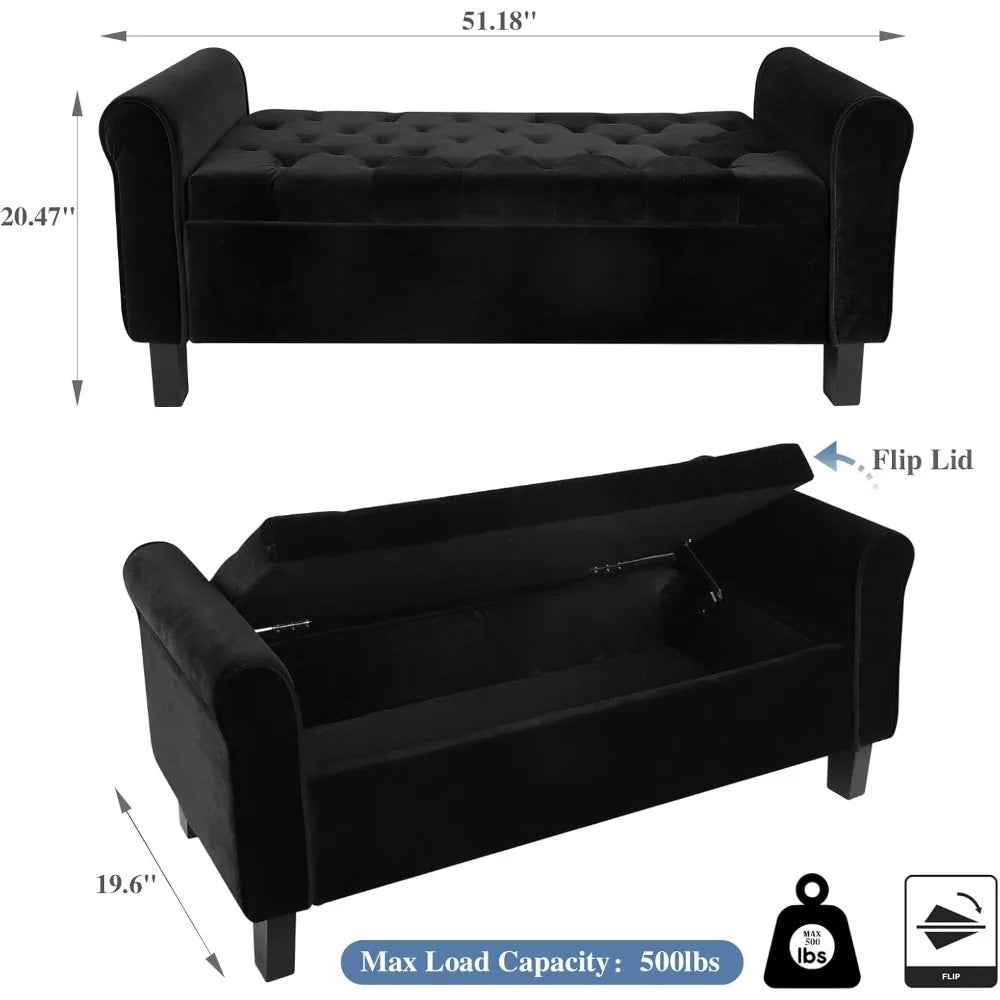 Velvet Upholstered Storage Ottoman Bench – Black Button-Tufted with Arms