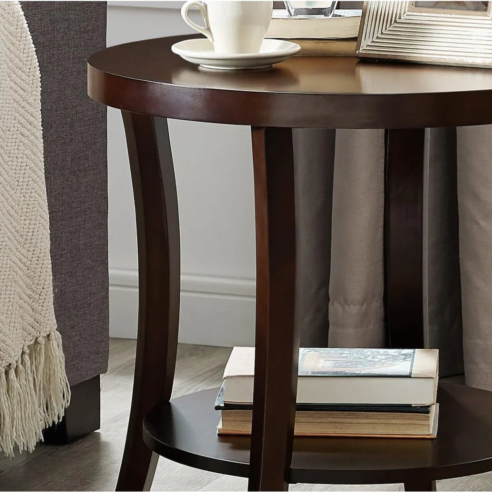 Contemporary Espresso-Finished Round End Table with Lower Shelf