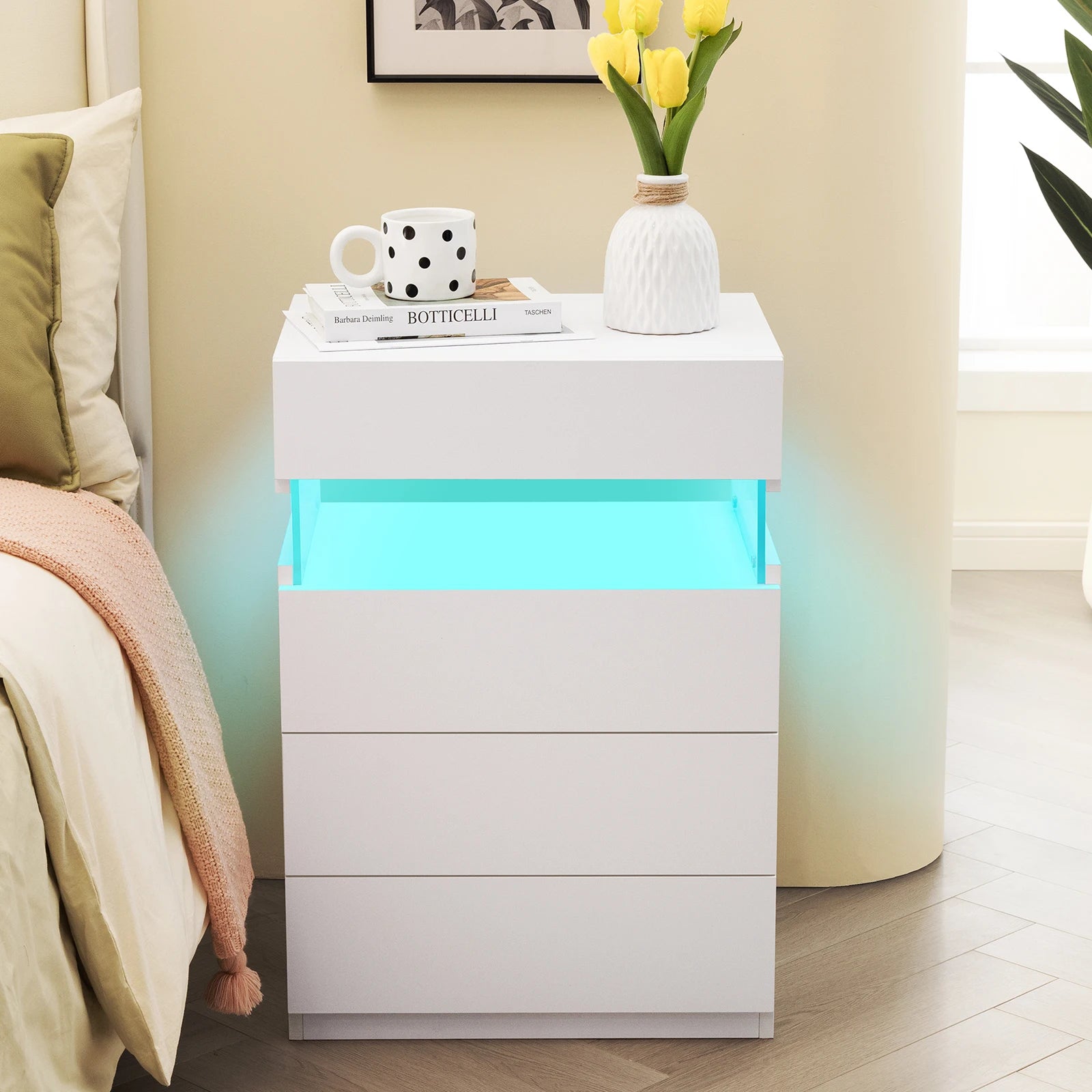 Cubehom LED Nightstand,Modern Night Stand with 4 Drawers,Large Capacity,Multi-Color LED Lights,End Side Table for Bedroom