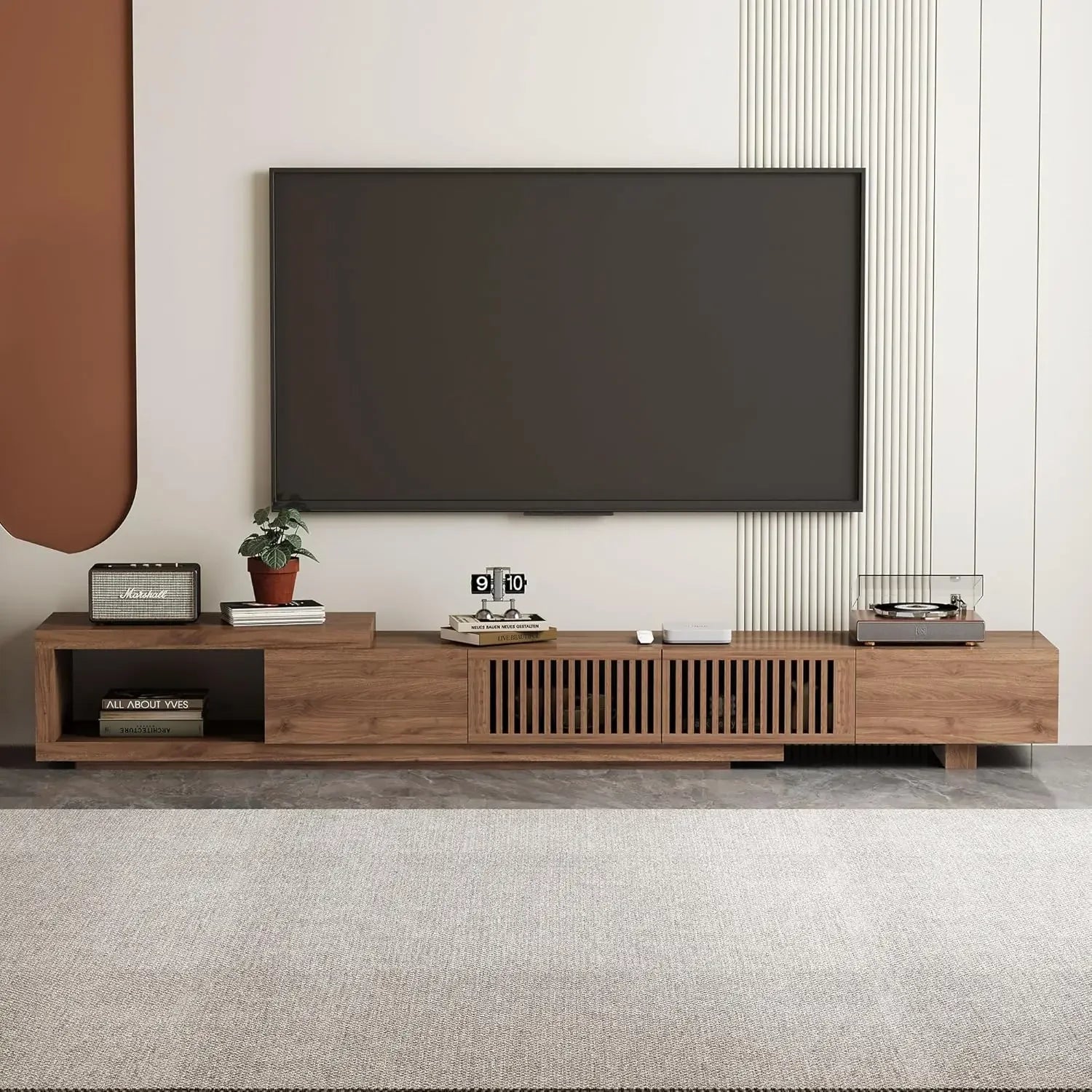 Modern Extendable Walnut TV Console for 75+ Inch Screens with Grille Doors And Drawers for Living Room And Bedroom