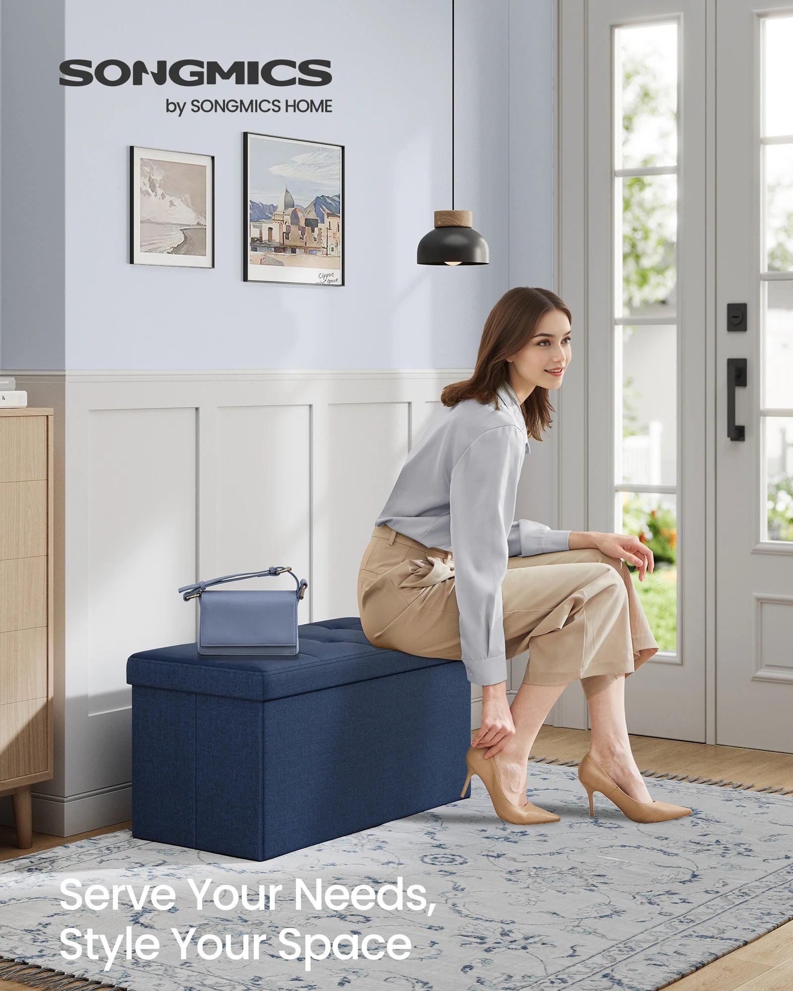 SONGMICS Folding Storage Ottoman Bench – 30″ Storage Chest Footrest