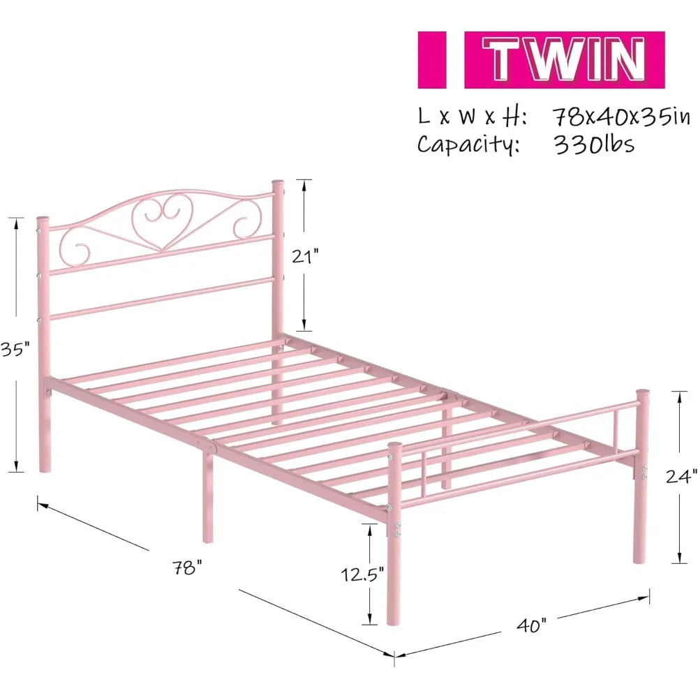 14″ Twin Metal Platform Bed Frame with Headboard – Heavy-Duty Support (Pink)