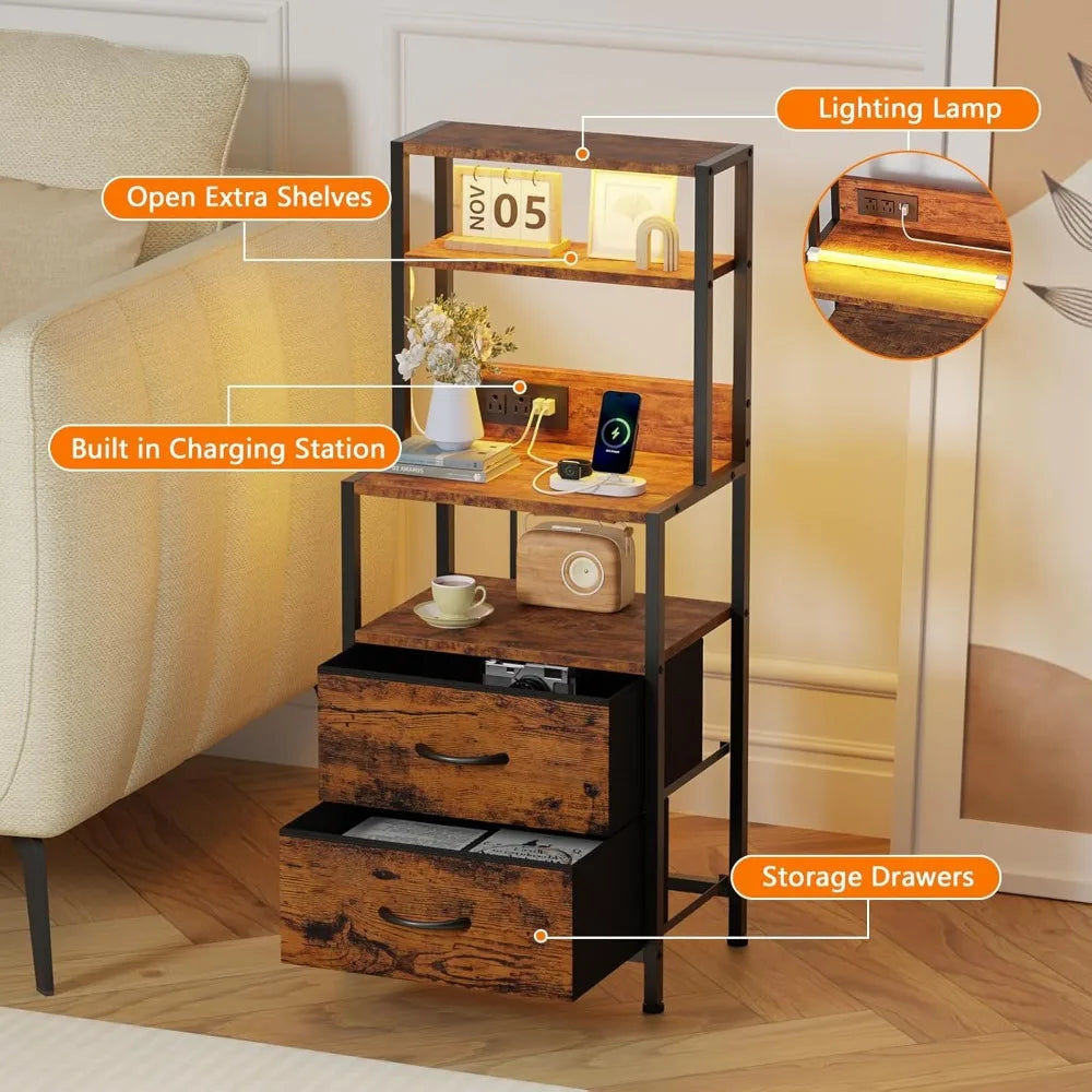 Tall Nightstand with 4 Shelves, 2 Fabric Drawers, LED Light & Charging Station for Bedroom or Office in Rustic Brown