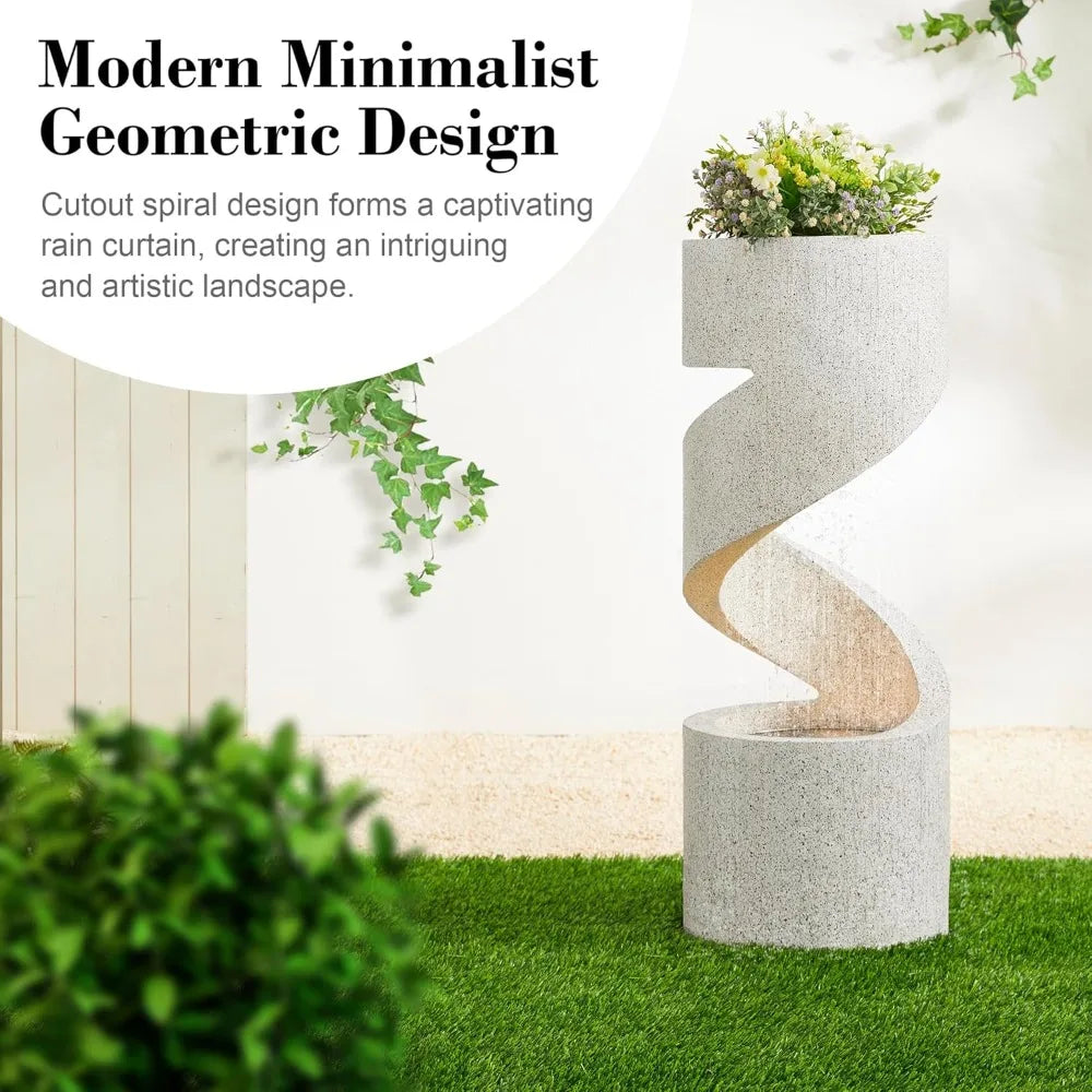 Tiered Outdoor Water Fountain with LED Lighting, Curved Stone Planter Faux Terrazzo Style