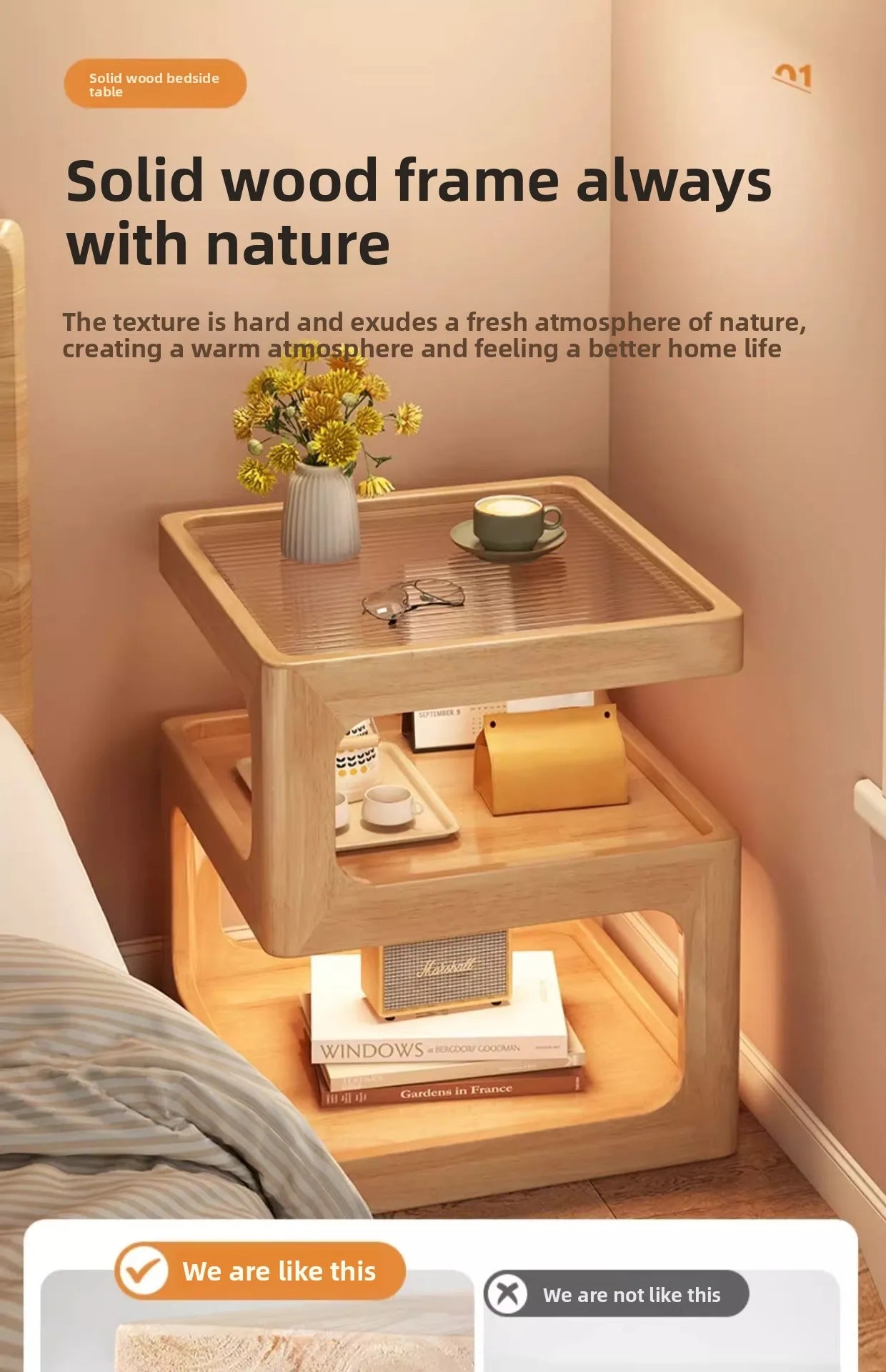 All solid wood bedside table Modern simple bedside table A few light luxury high-end home bedroom bedside storage table