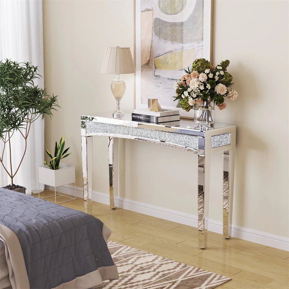 Silvered Mirrored Console Table Sparkle Crush Diamonds Entryway Table Sofa Behind Furniture
