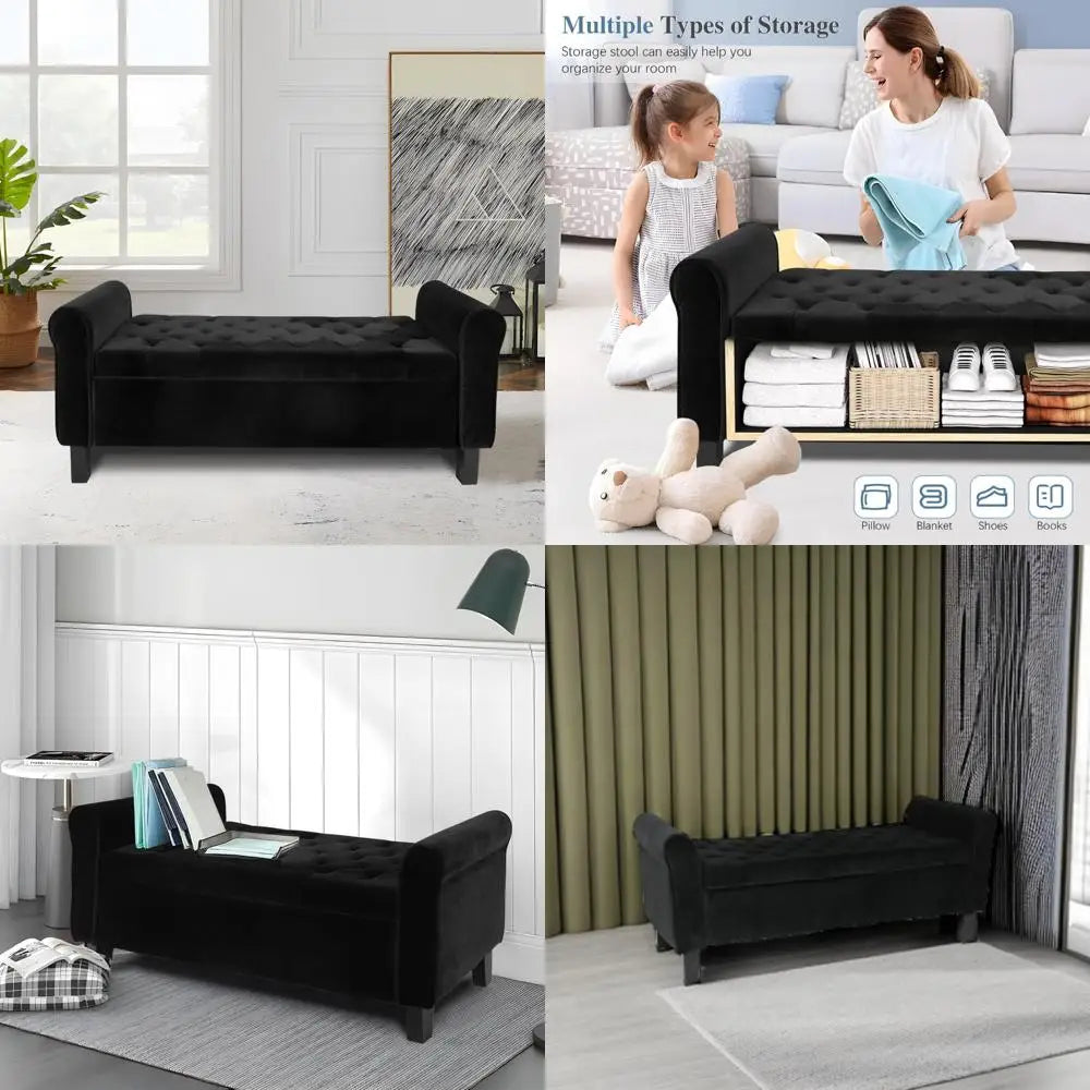 Velvet Upholstered Storage Ottoman Bench – Black Button-Tufted with Arms
