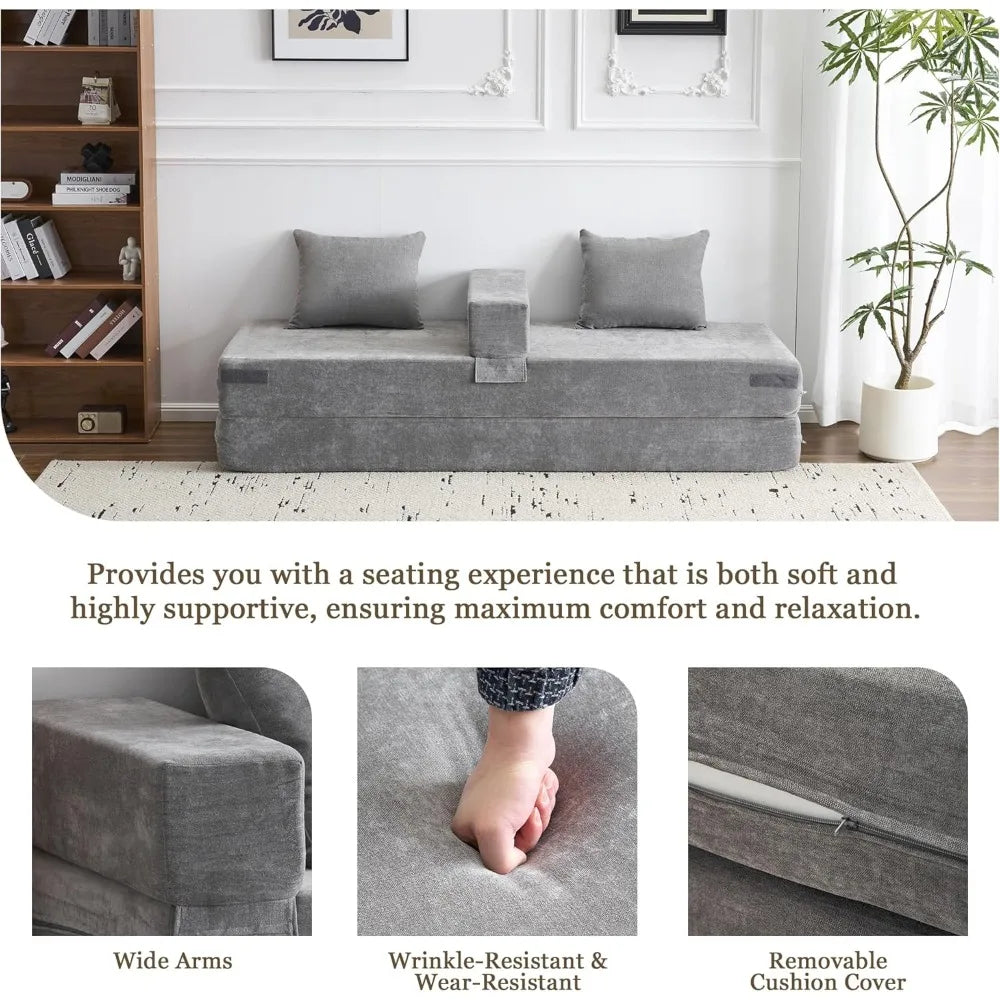 4-in-1 Convertible Folding Sofa Bed Queen, Sleeper Sofa Couch with Armrest and Pillows, Chenille Fold Out Floor Chaise Lounge
