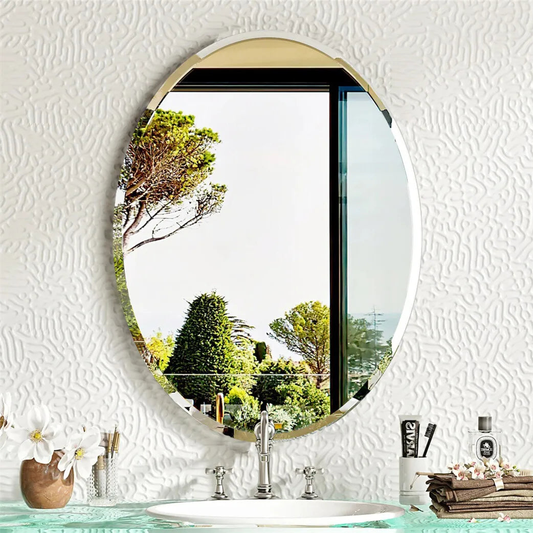 50/60CM Oval Mirror for Bathroom Entryway Living Room Beveled Edge Frameless Vanity Makeup Mirror Horizontal or Vertical