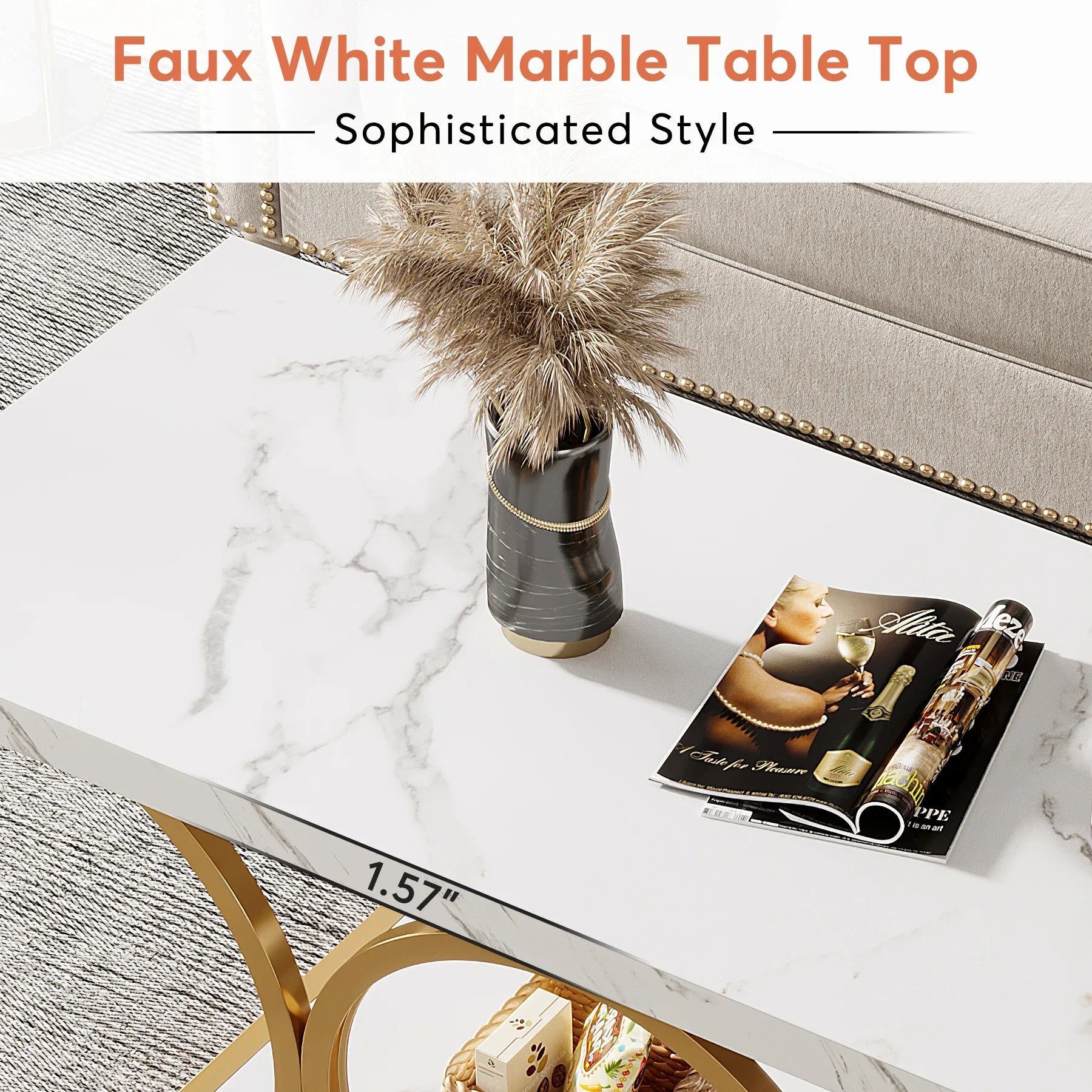 Rectangular Modern Coffee Table – 47.24” 2-Tier Faux Marble & Wood Center Table
