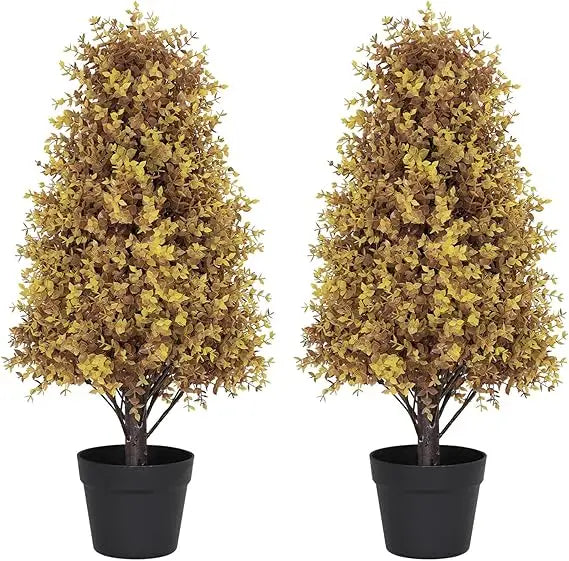 Artificial Outdoor Boxwood Plants Set of 2, UV-Resistant Fall Topiary Trees, Realistic Fake Bushes for Outdoor, Potted Faux Shru