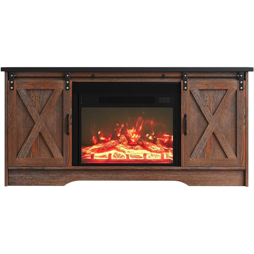 Fireplace TV Stand with Fireplace, Sliding Barn Door, Adjustable Storage Cabinets, Farmhouse Entertainment Center