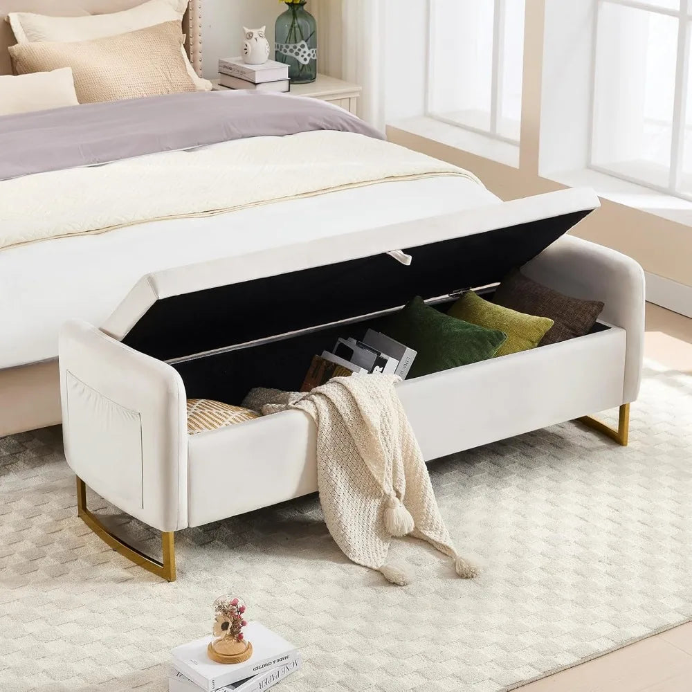 King Size Storage Ottoman Bench – Tufted Upholstery with Gold Legs