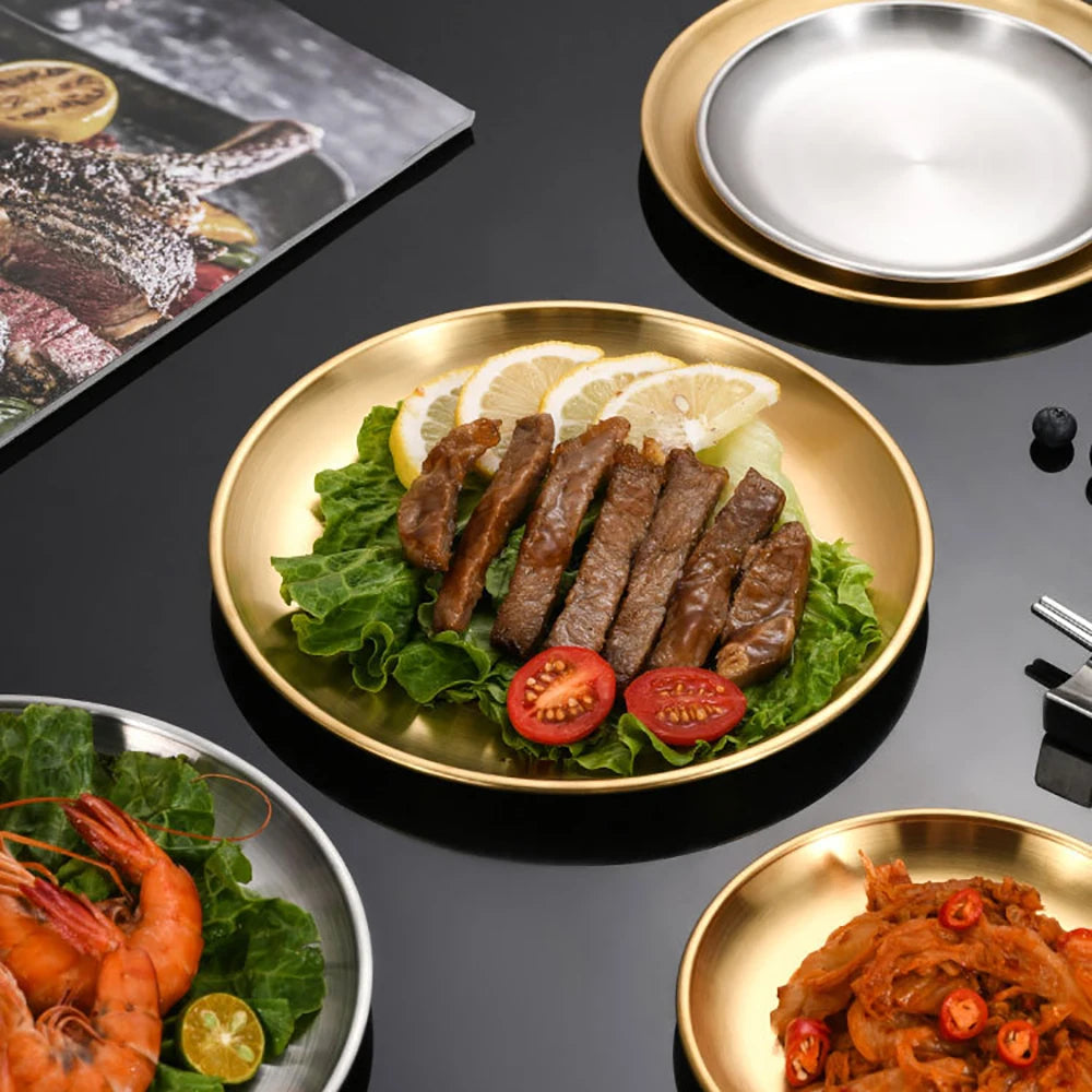 Gold Stainless Steel Round Plate – Rust-Proof Shallow Tray for Dining & Outdoor Use