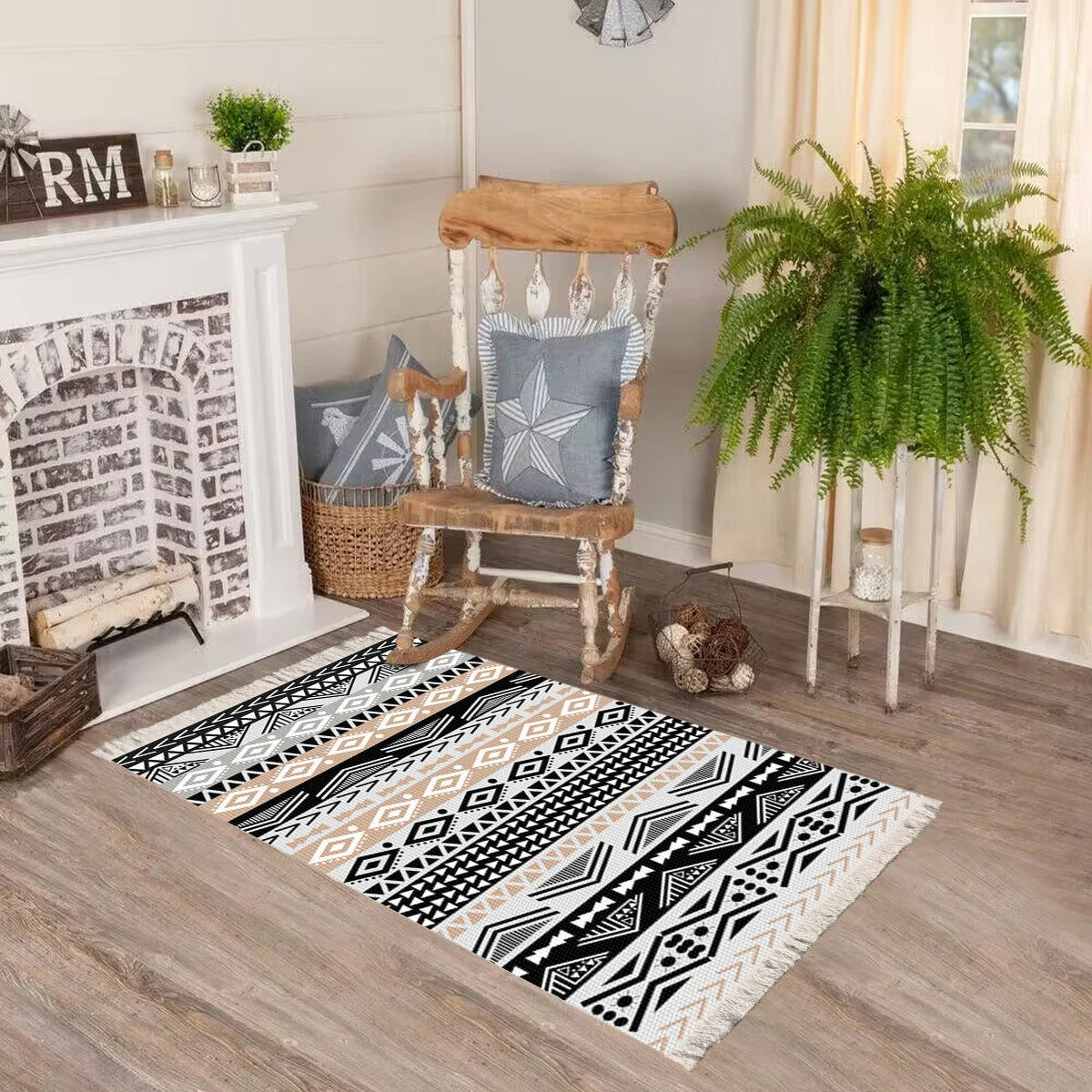 Woven Carpet Floor Mat – Black & Yellow Exotic Print with Tassels