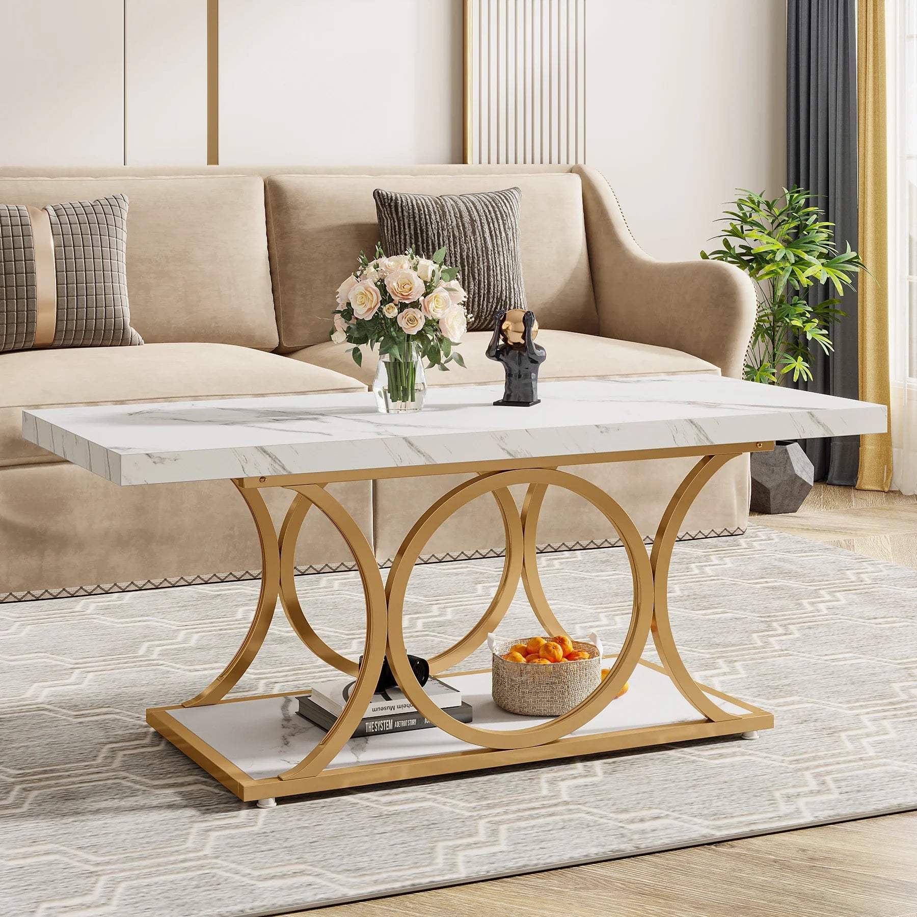 Rectangular Modern Coffee Table – 47.24” 2-Tier Faux Marble & Wood Center Table