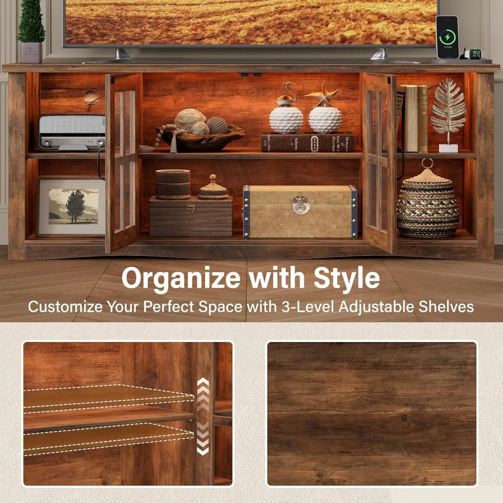 Farmhouse LED TV Stand with Power Outlet,for Televisions up to 65 Inches,Wood Entertainment Center with Glass Door Storage