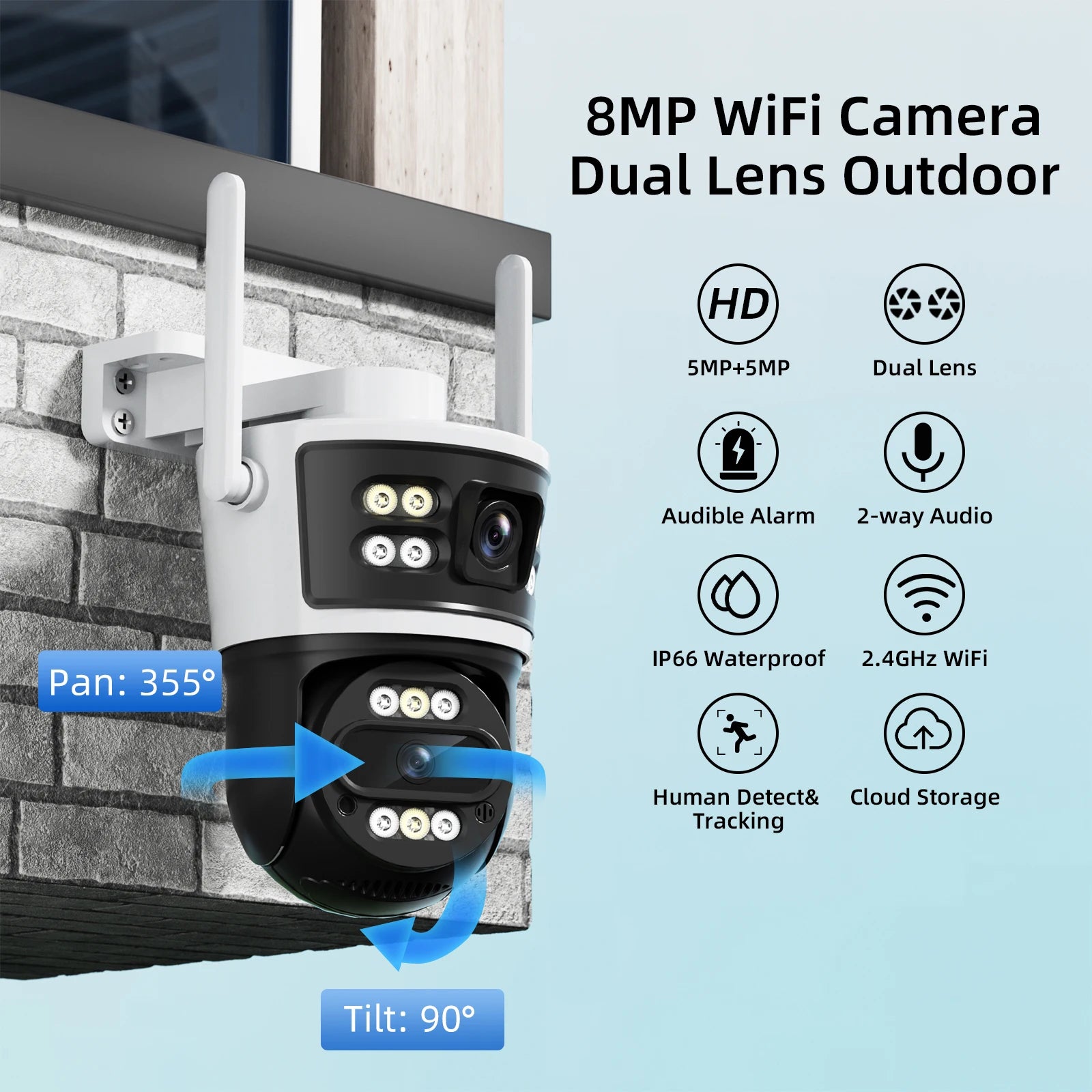 2Pcs Dual Lens WiFi Camera Smart Home Security PTZ IP Cameras 5MP Wireless Outdoor Dual Screens Auto Tracking Video Surveillance
