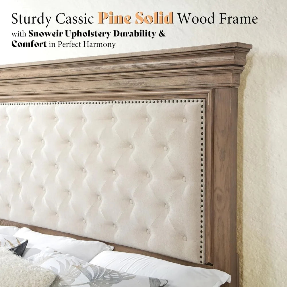 King Size Solid Wood Farmhouse Bed Frame – Upholstered Headboard, Architectural Design