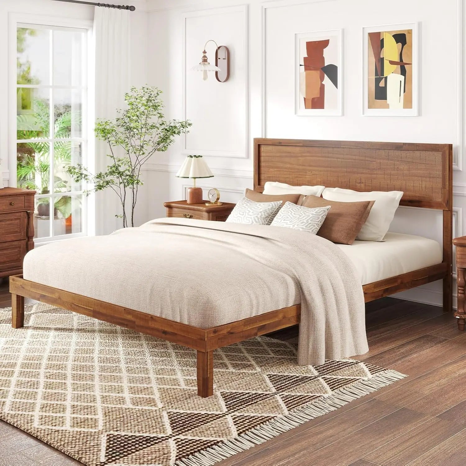 Wood Queen Size Platform Bed Frame – Mid-Century Modern with Headboard & Solid Wood Legs