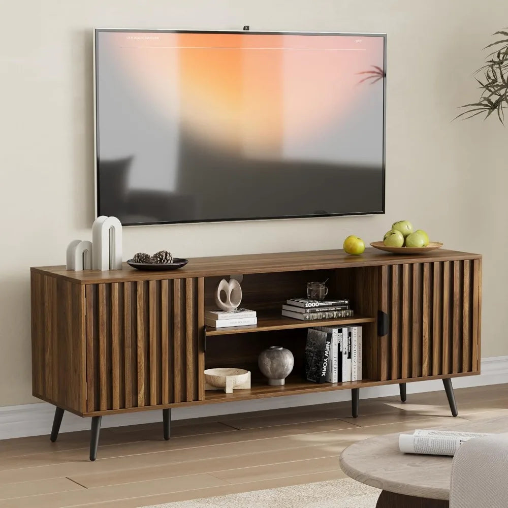53" Fluted TV Stand with for TVs up to 60 Inch, Entertainment Center with Storage and Adjustable Shelves, Farmhouse Media Consol