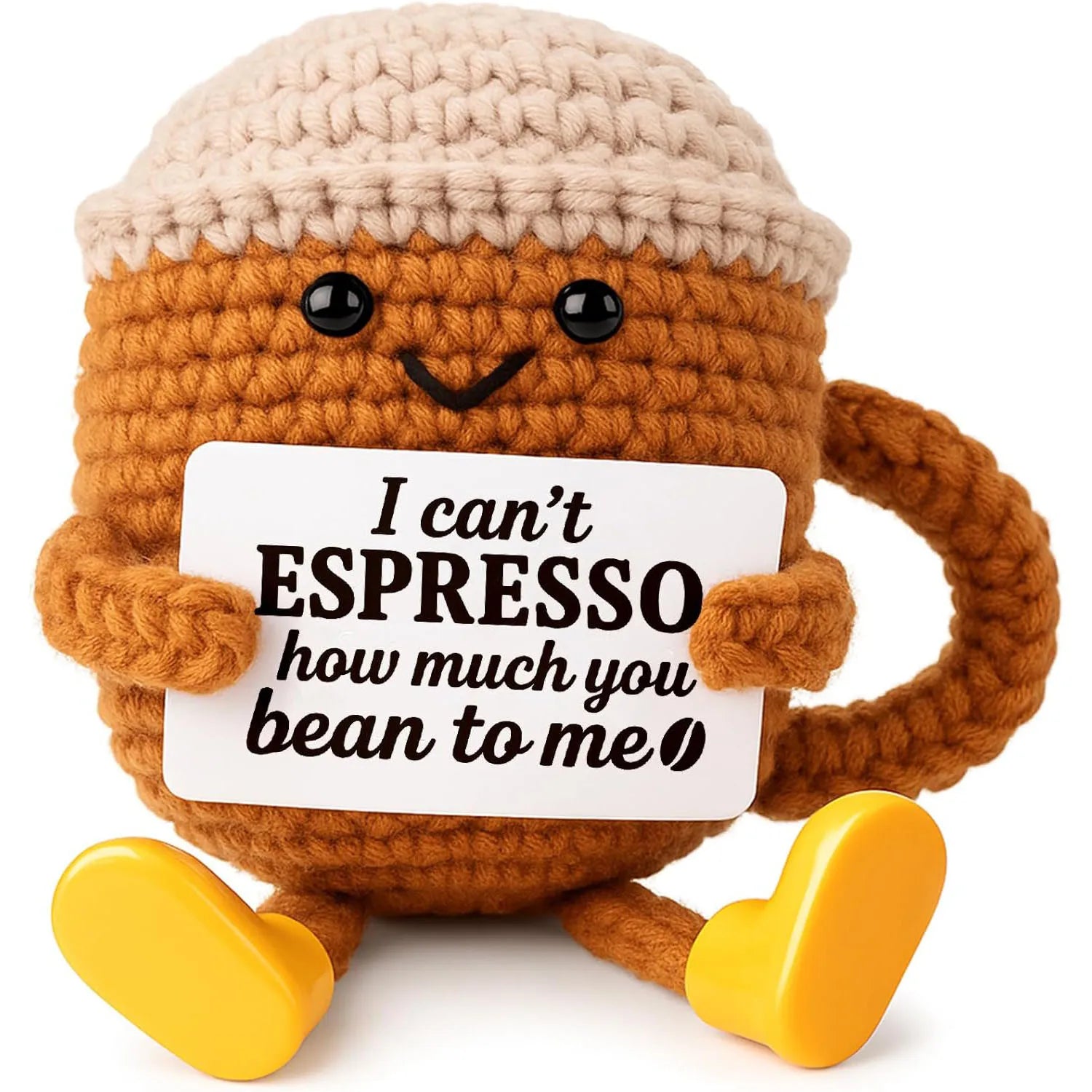Handwoven Positive Energy Coffee Cup Plush – Funny Knitted Doll Desk Decoration