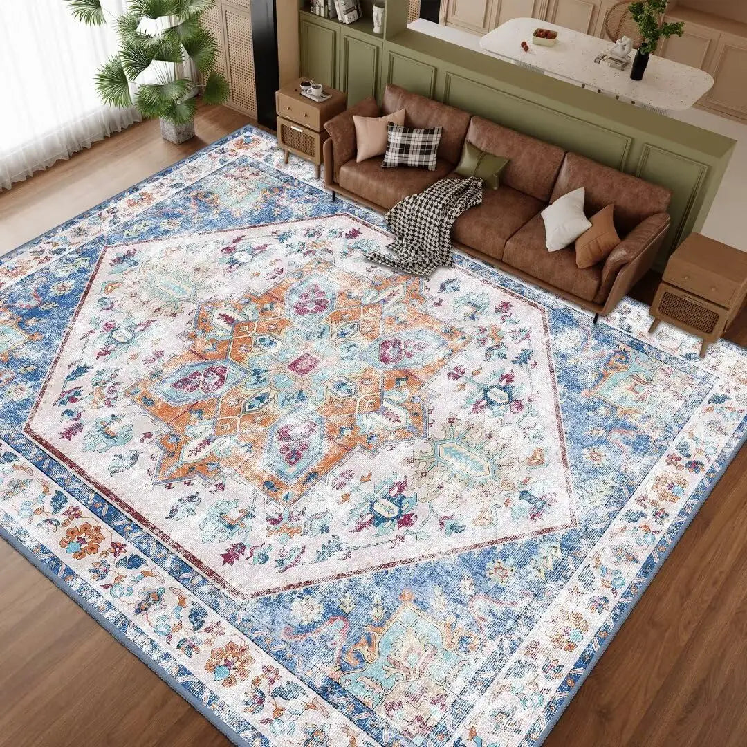 1PC Washable Area Rug 8x10 - Stain Resistant Vintage Design Rugs for Living Room, Non-Slip Foldable Carpet for Bedroom