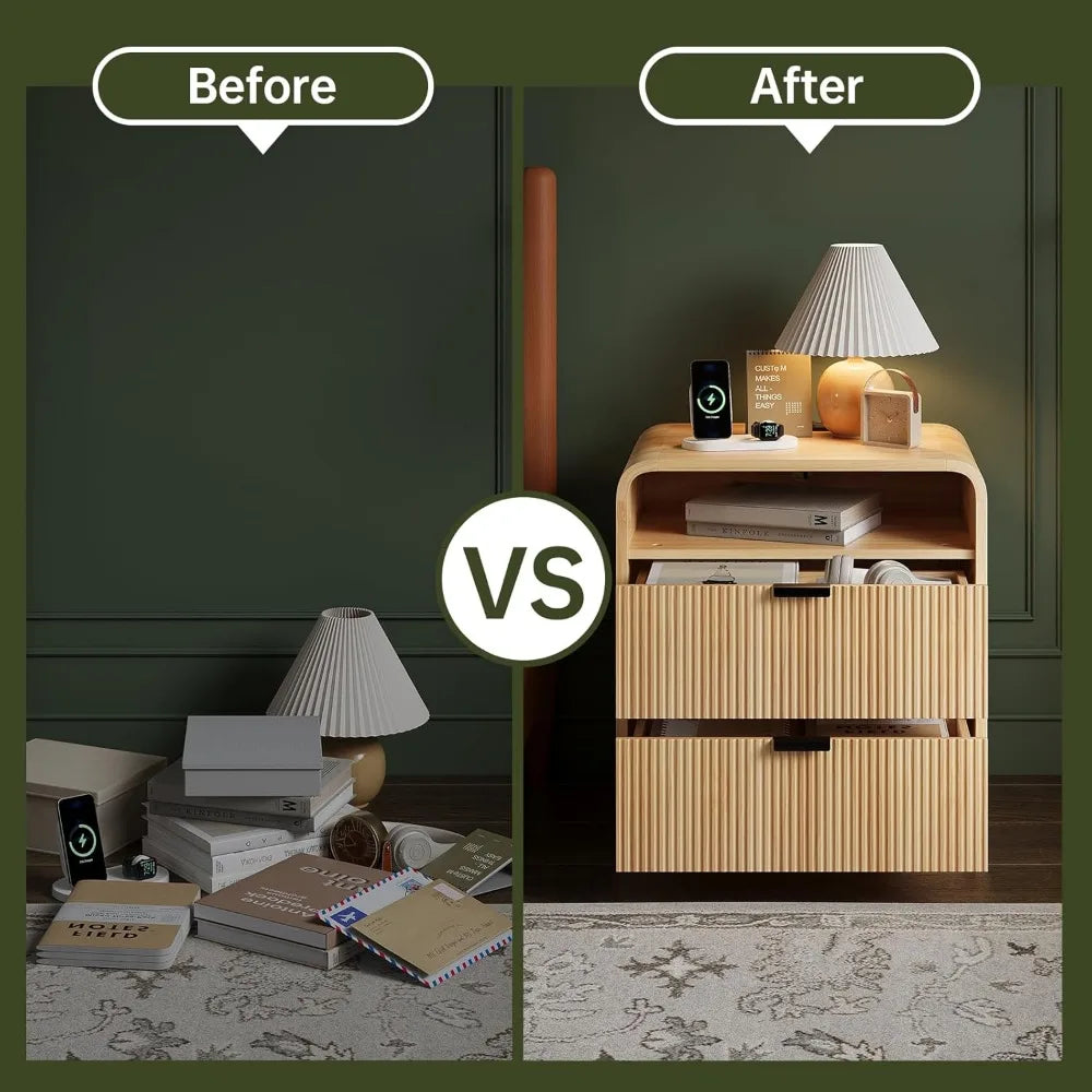 24" Fluted Nightstand with Charging Station, Wooden End Table with 2 Drawers Storage, Curved Profile Design, Modern Bedsi