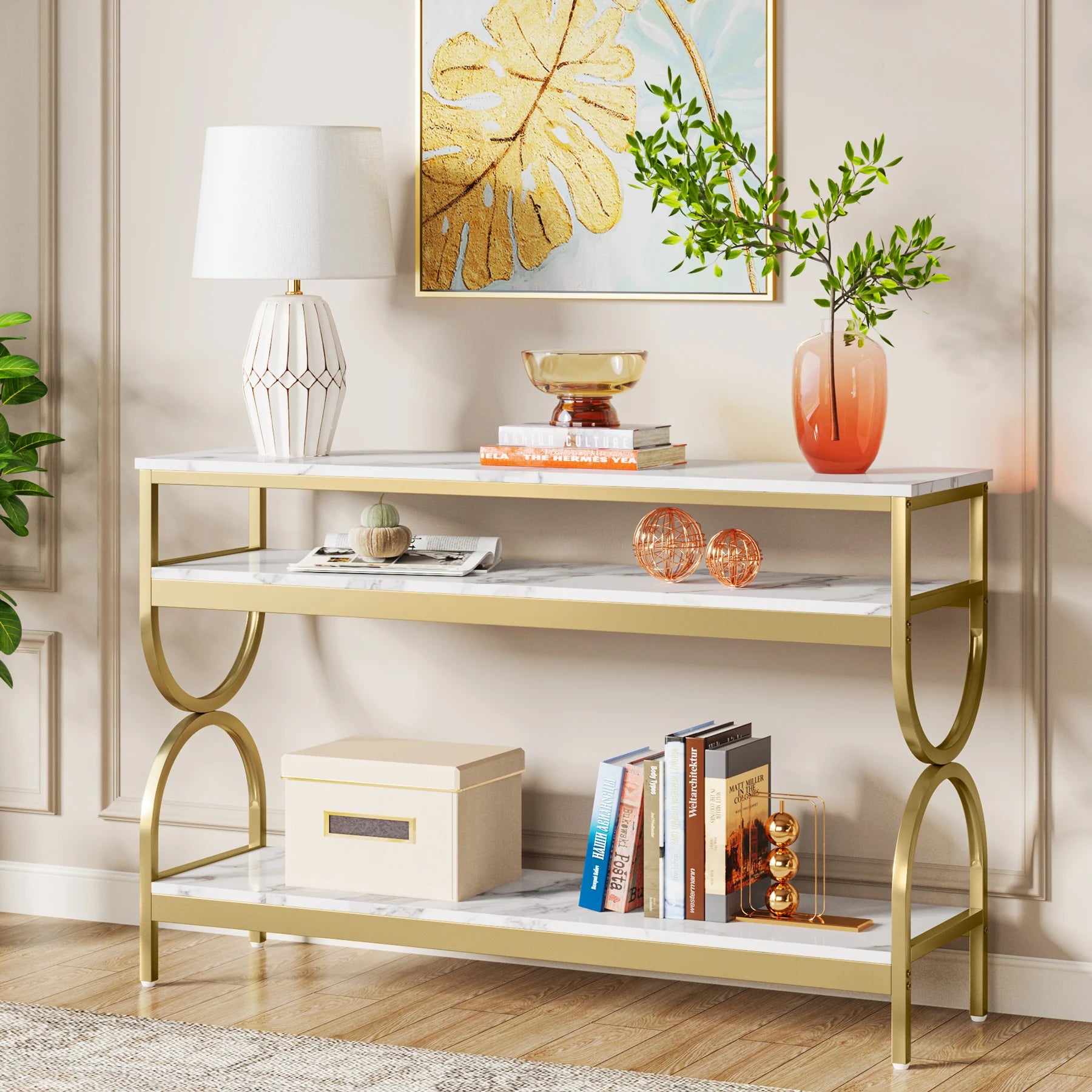 3-Tier Console Table, 55 inch Sofa Table with Open Storage Shelves, Narrow Long Hallway/Entryway Table