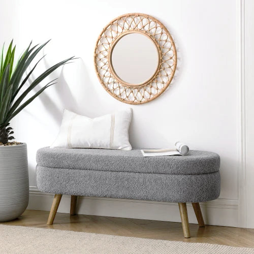 Bouclé Storage Ottoman Bench – 43.8″ Oval Flip-Top with Wood Legs