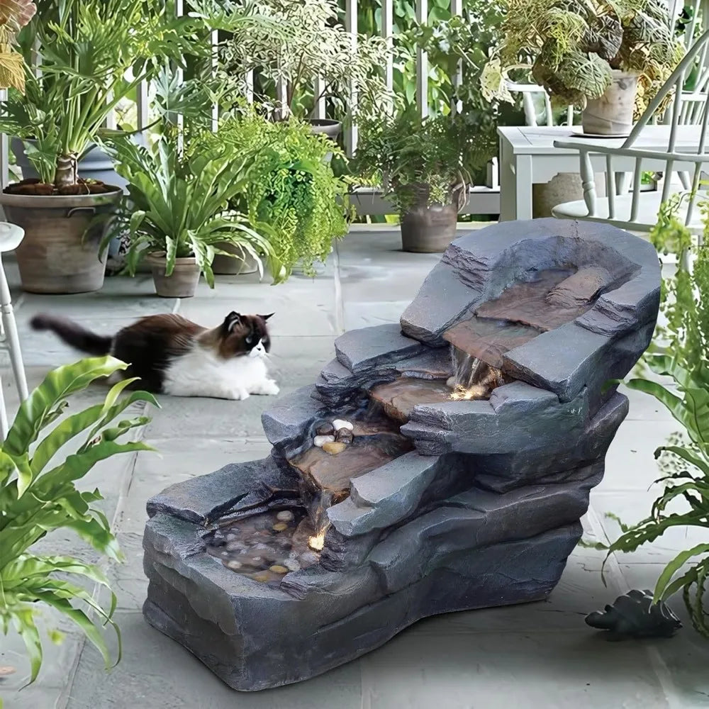 Outdoor Water Fountain 3-Tier Floor Standing Rainforest Rock River Natural Waterfall Fountains with LED Lights for Garden