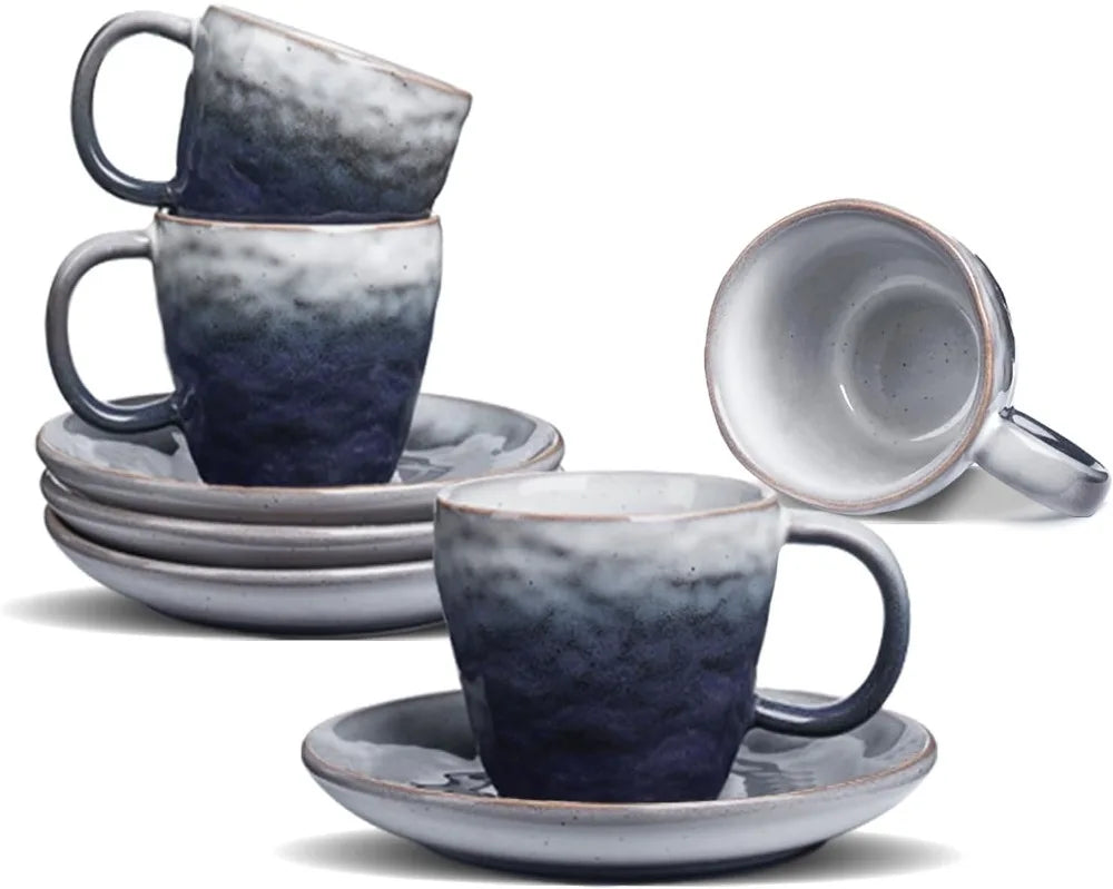 Set of 4 Vintage Ceramic Espresso Cups with Saucers, 3 oz Mini Coffee Mugs for Lungo, Blue Gradient