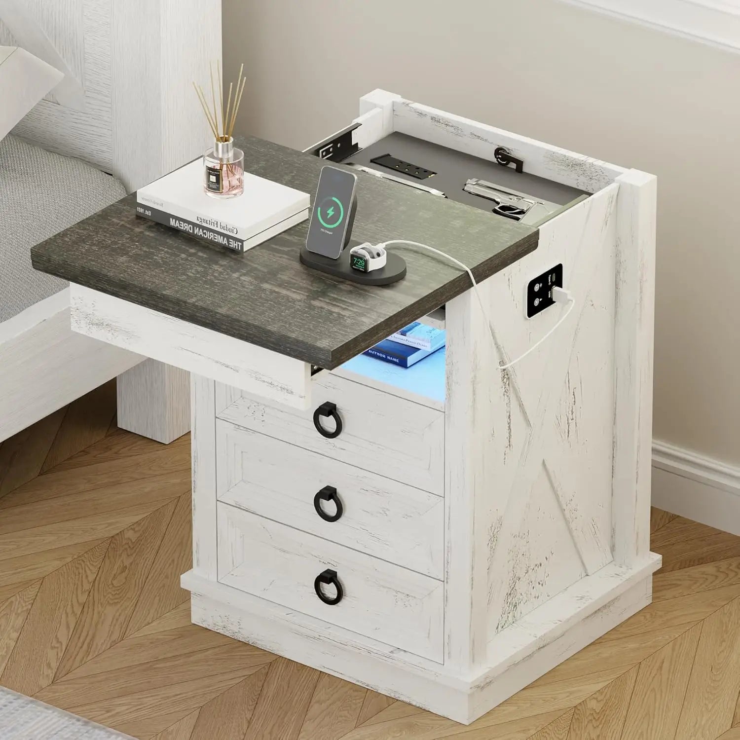 Farmhouse Nightstand with Gun Drawer | Human Sensor LED Bedside Table