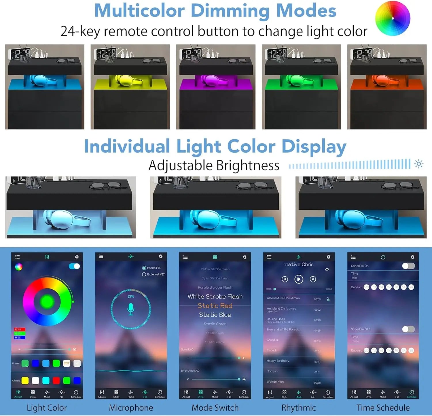 LED Nightstand with Wireless Charging & USB Ports, 3-Drawer Smart Bedside Table, RGB Adjustable Light, Black