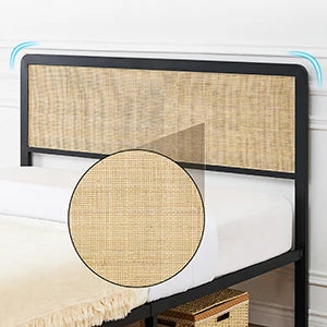 Metal Platform Bed Frame with Rattan Headboard & Footboard – Rounded Corners