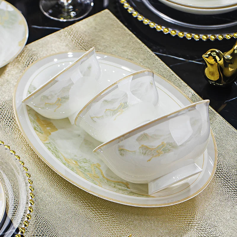 18PCS  Fine Bone China Jingdezhen Dinnerware Sets Ceramic Tableware Full Set Porcelain Bento Party Dinner Plate Gold Line Design