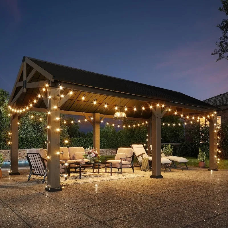 12' x 20' Outdoor Wood Gazebo, with Galvanized Steel Gable Roof, for Patio, Garden, Deck, Cedar Wood