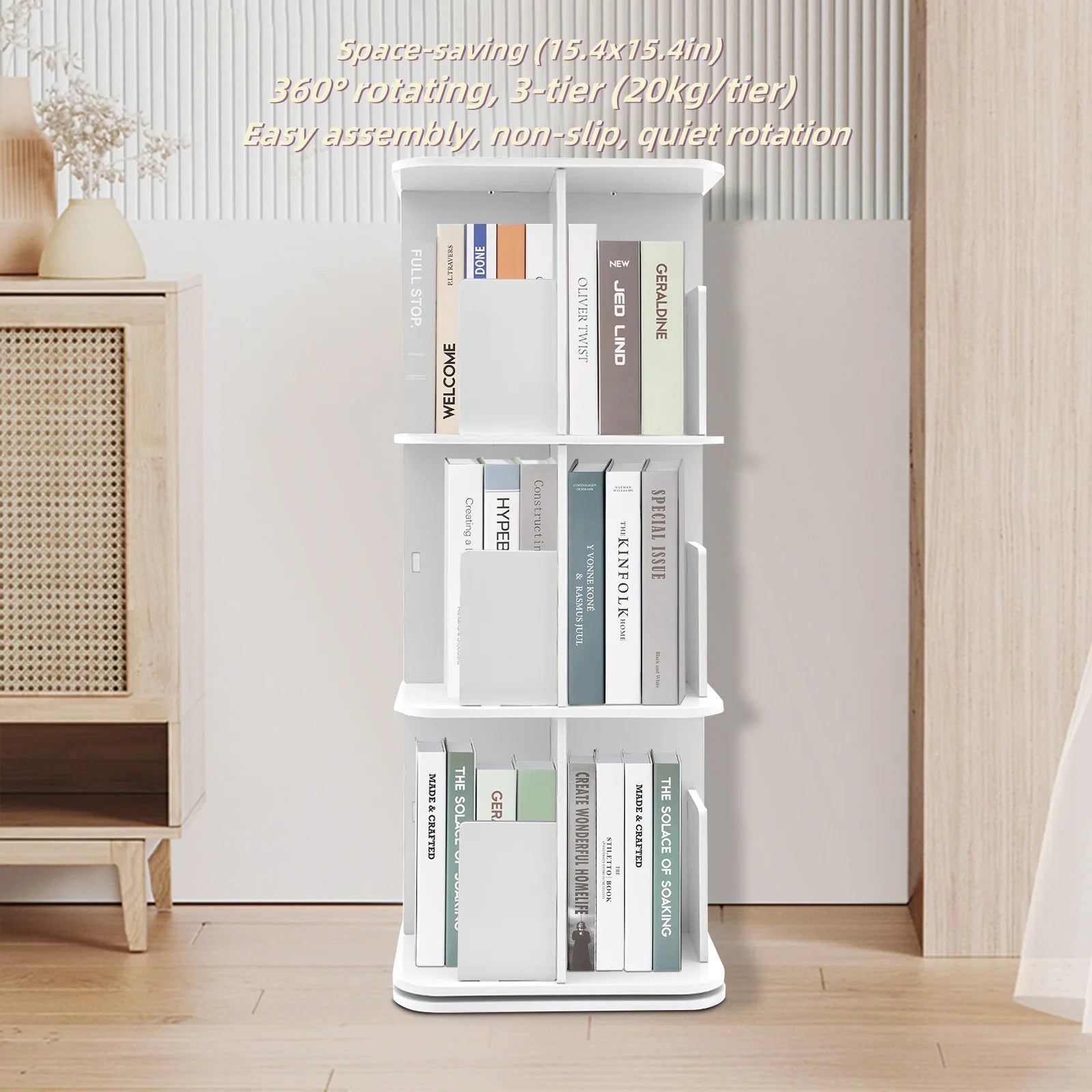 3-Tier 360° Rotating Bookshelf – Square Base Standing Bookcase for Small Spaces