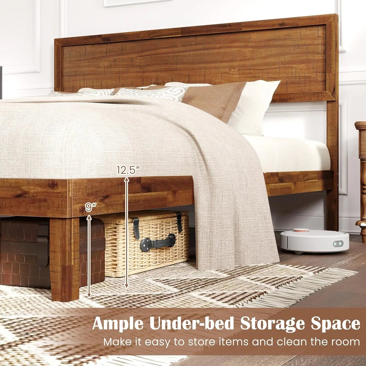 Wood Queen Size Platform Bed Frame – Mid-Century Modern with Headboard & Solid Wood Legs