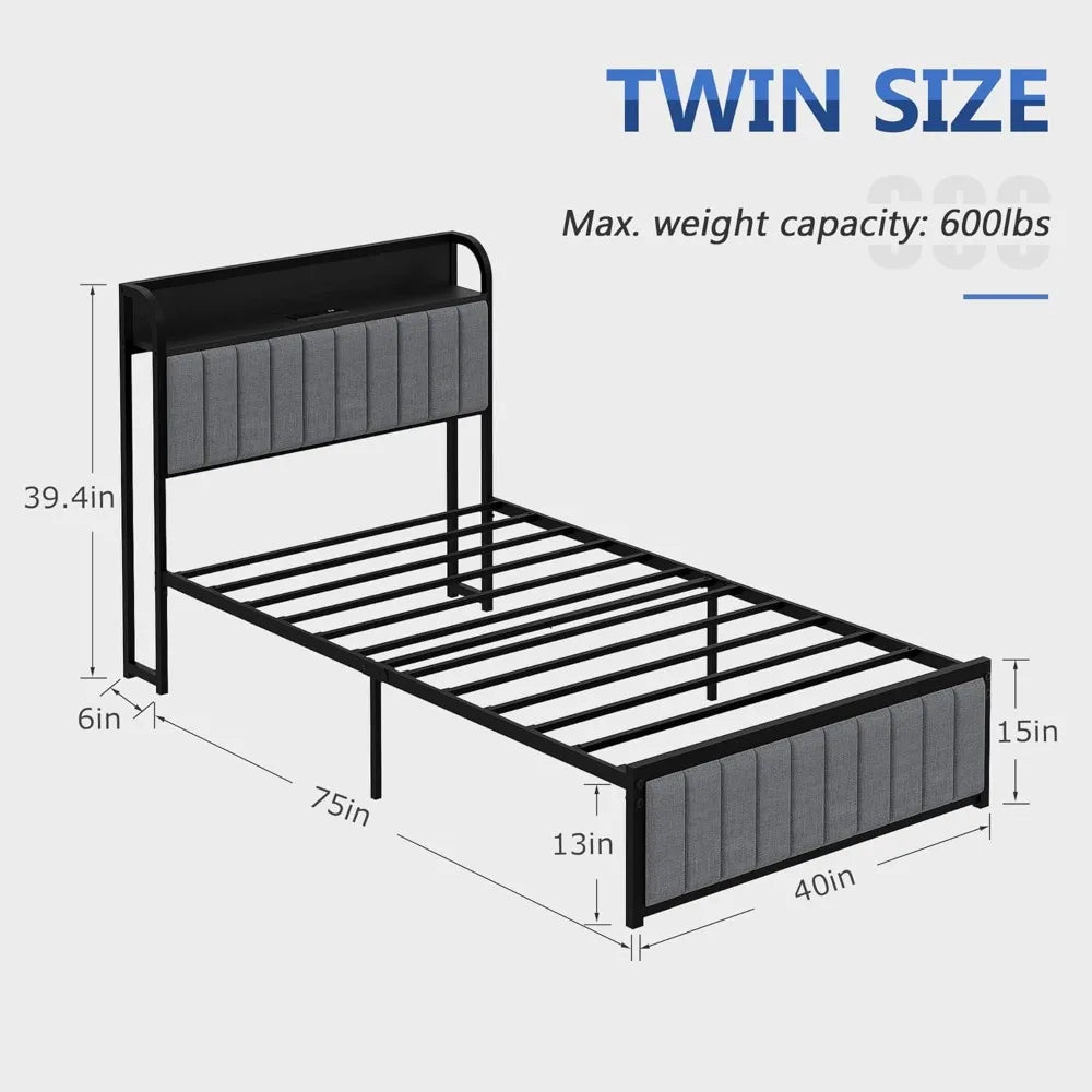 Twin Size Bed Frame with Upholstered Headboard – Heavy-Duty Steel Slats (Grey & Black)
