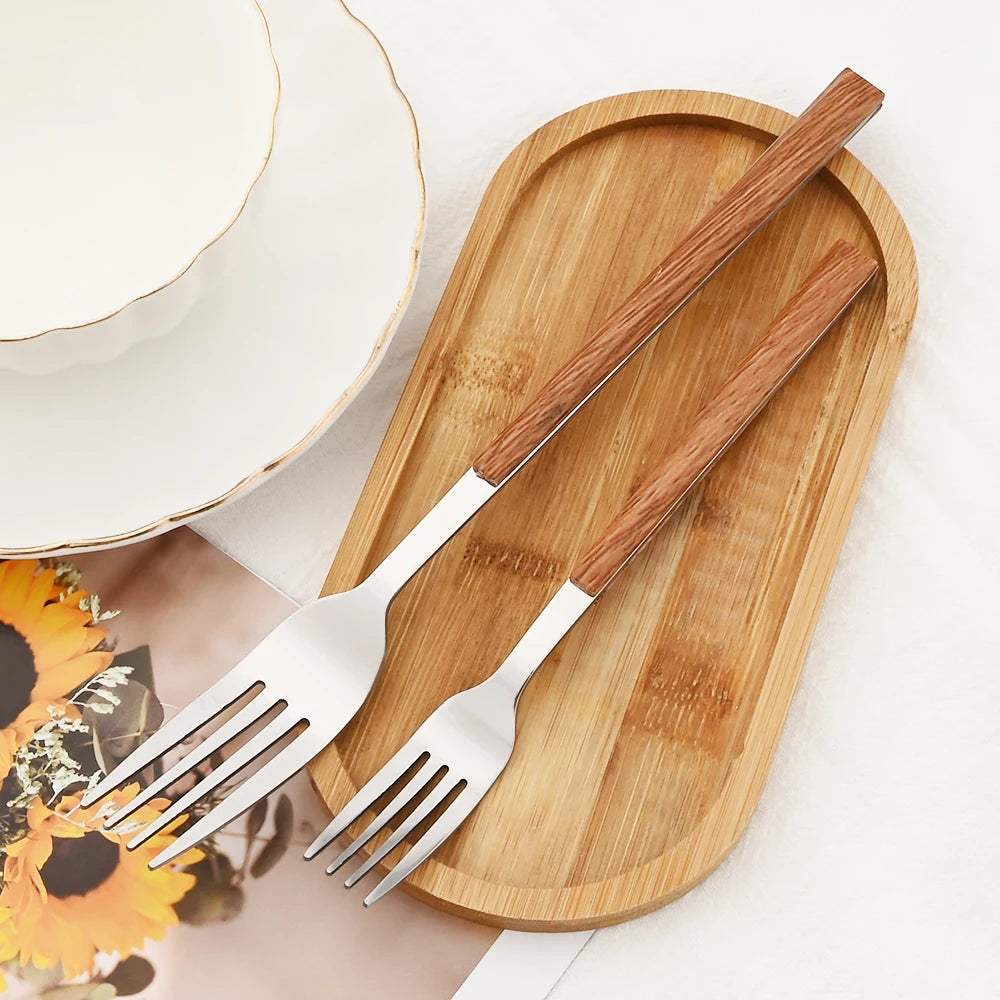 20Pcs Creative Rose Tableware Imitation Wood Handle Cutlery Set Knife Dessert Fork Spoon Dinnerware Set Stainless Steel Flatware